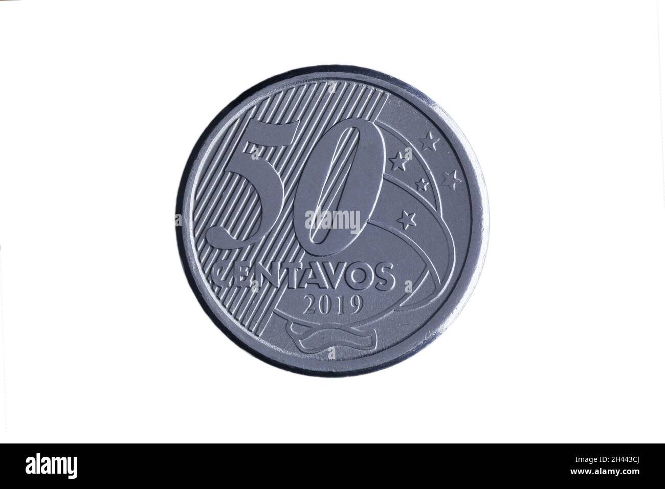 Brazilian '50 centavos de Real' 2019 coin reverse on white background - high magnification Stock Photo