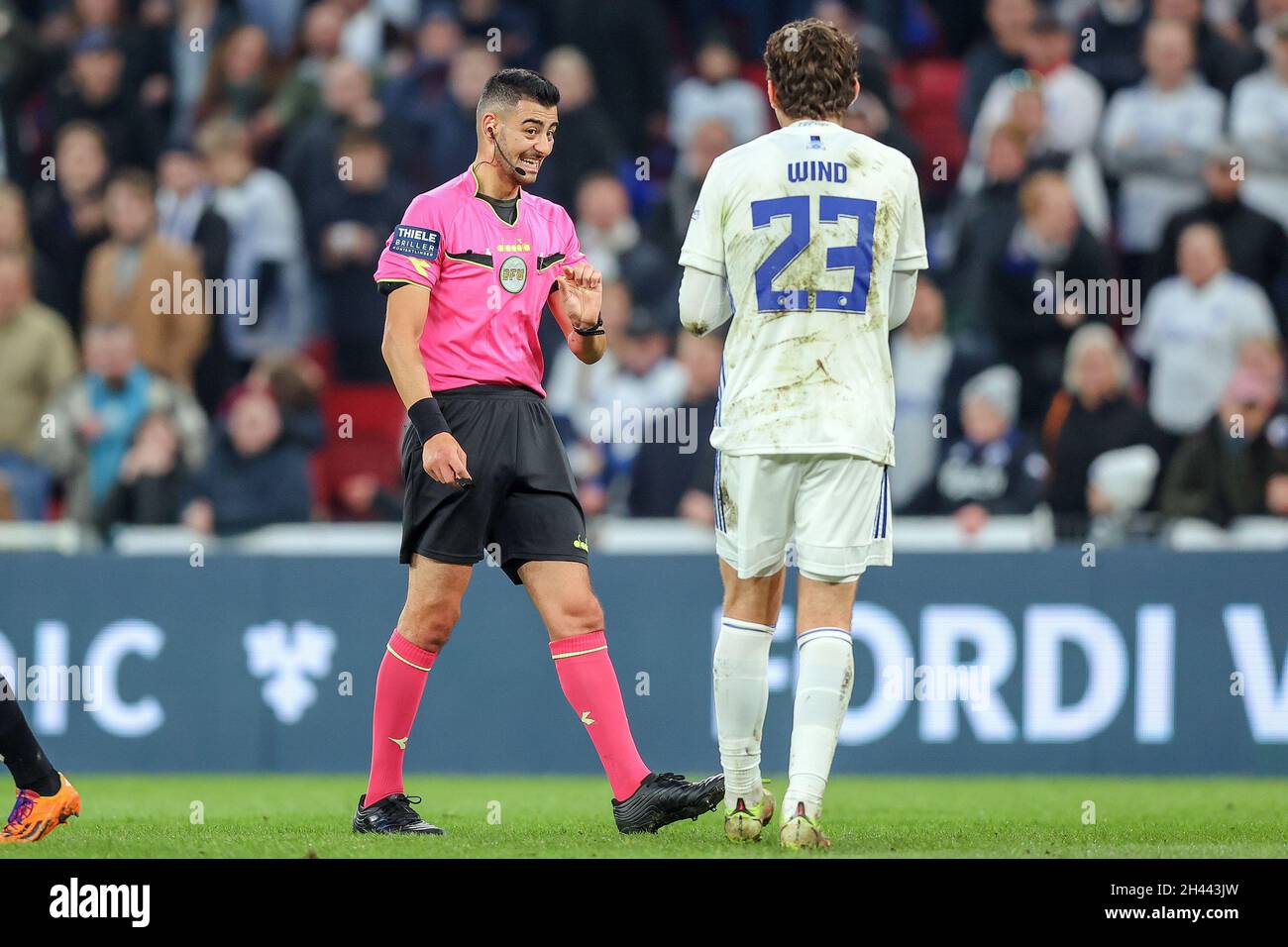 Copenhagen, Denmark. 31st Oct, 2021. Referee Aydin Uslu seen with Jonas  Wind (23) of FC Copenhagen during the 3F Superliga match between FC  Copenhagen and Vejle Boldklub at Parken in Copenhagen. (Photo