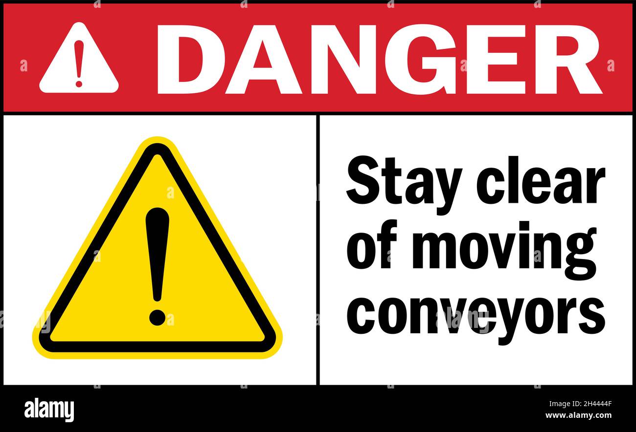 Danger Sign stay clear of moving conveyors. Warehouse safety signs and symbols. Stock Vector