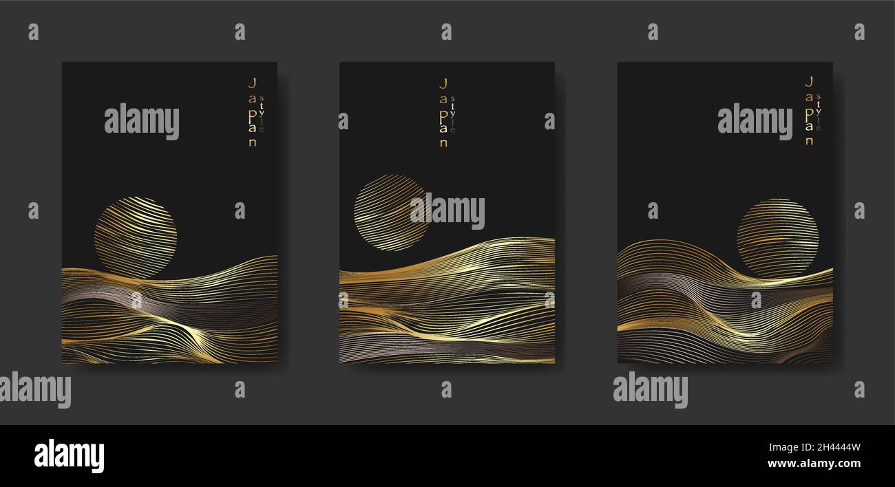 Japanese landscape background set cards gold line wave pattern vector illustration. Golden luxury Abstract template with geometric pattern. Mountain Stock Vector