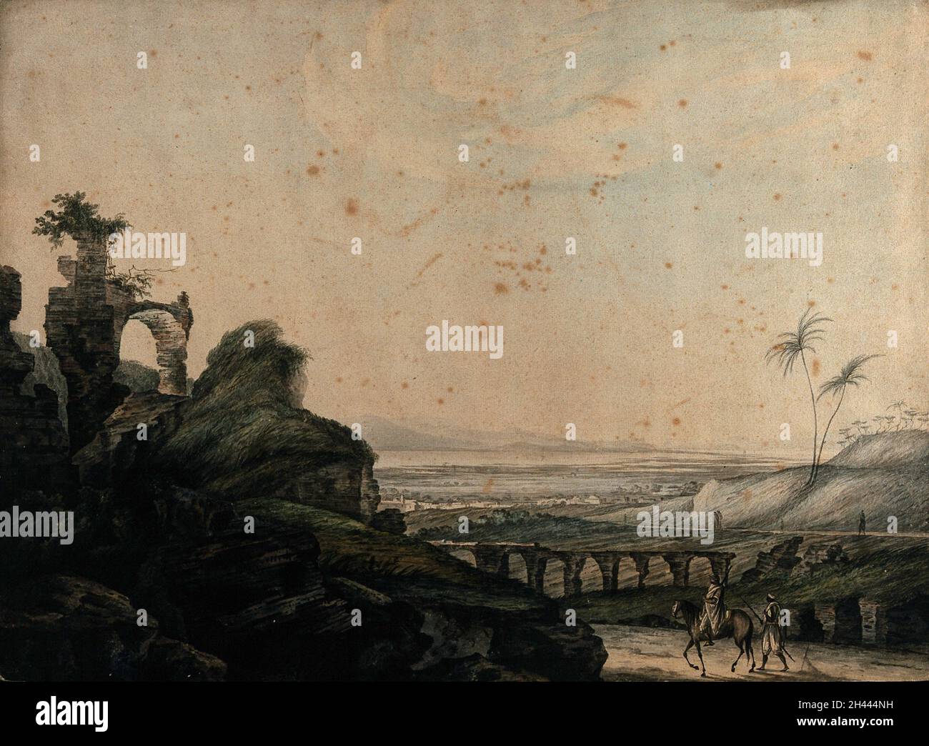Ruins at Carthage, with salt marshes in the distance, Tunisia. Watercolour by Charles Gülin, 1778. Stock Photo