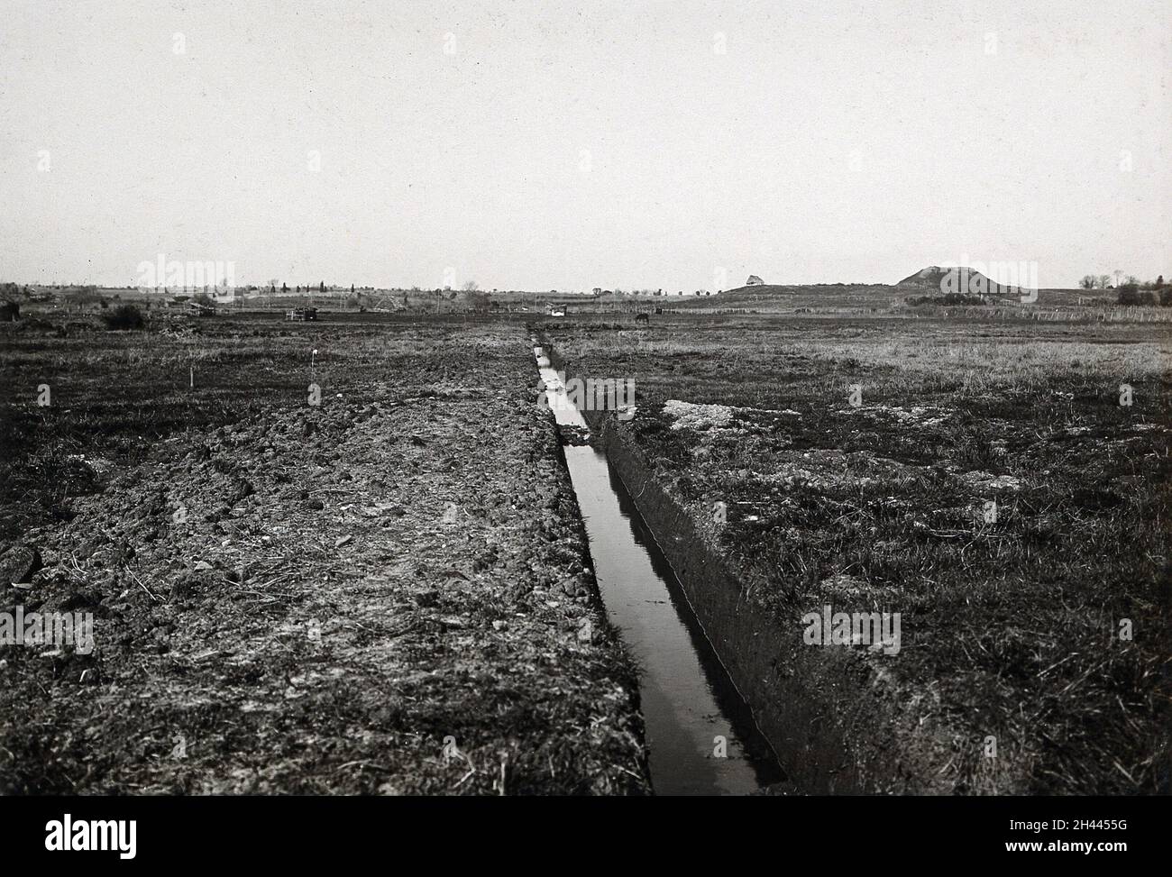Nettuno, Italy: a long, narrow drain (to aid mosquito control) in a field. Photograph, 1910/1940 (?). Stock Photo