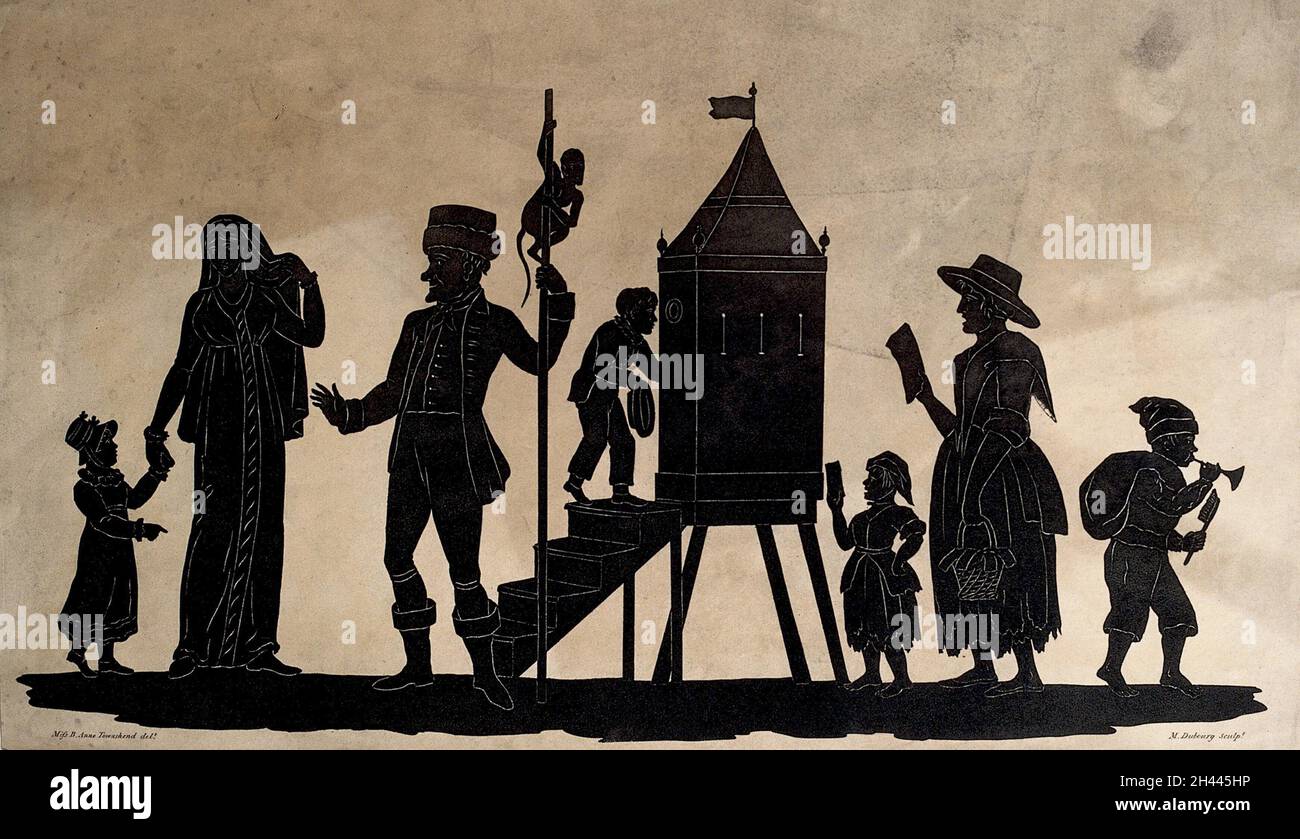 A Savoyard displaying his peep show, which attracts women and children. Aquatint silhouette by M. Dubourg after B.A. Townshend, ca. 1820. Stock Photo