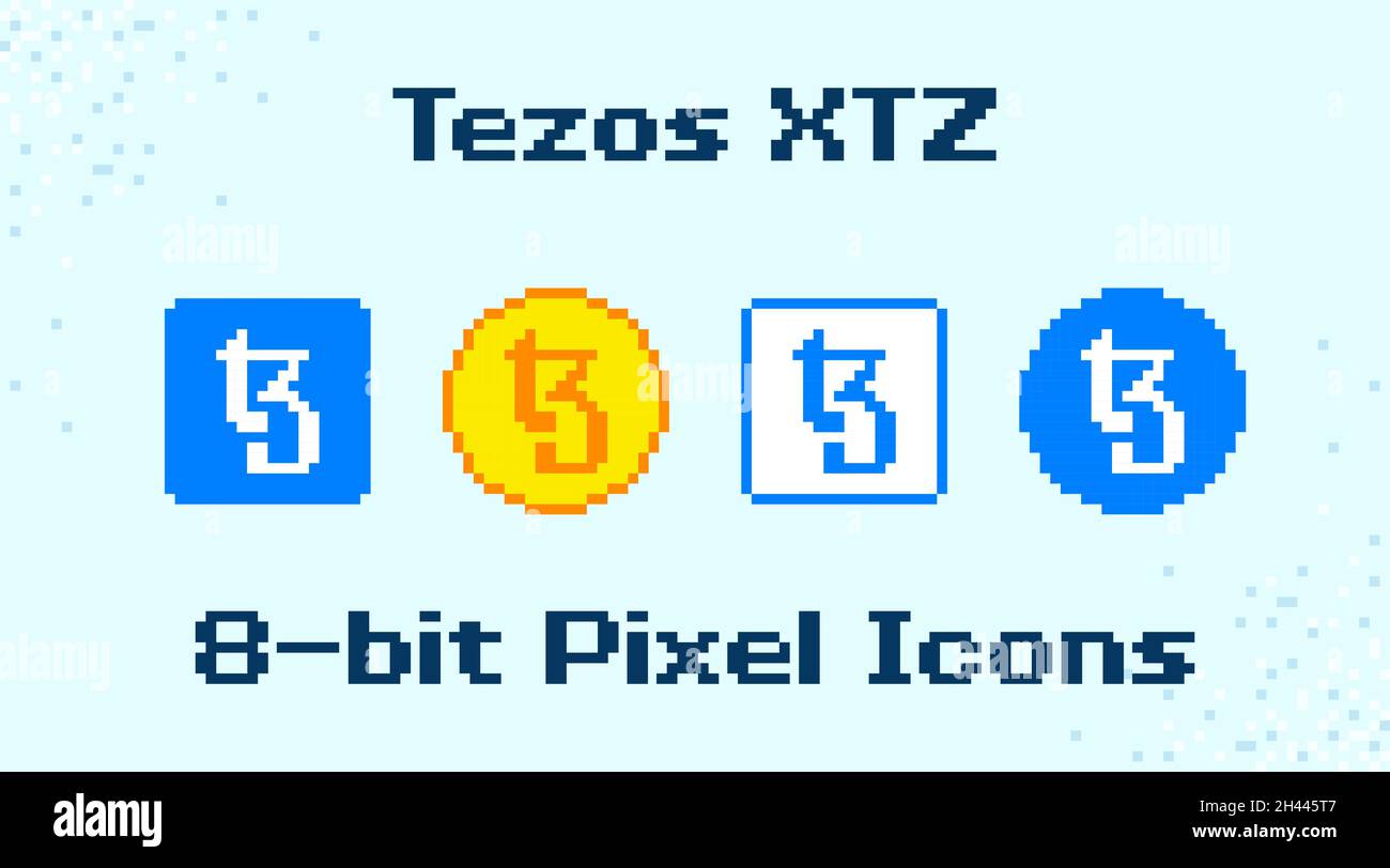 8-bit XTZ crypto assets in vector format. Tezos pixel art icon set. Stock Vector