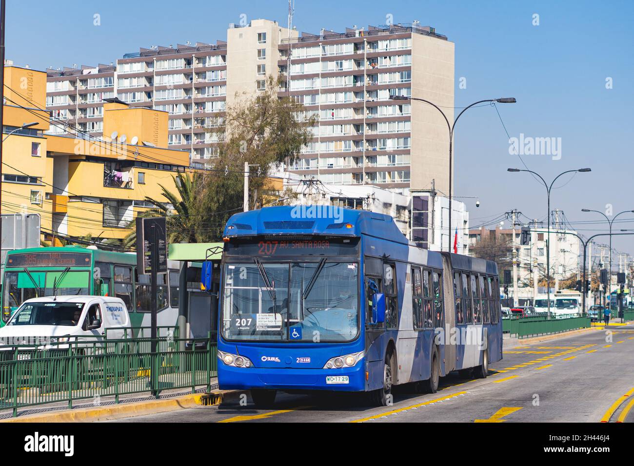 Santiago, Chile -  August 2021: A Transantiago, or Red Metropolitana de Movilidad, bus in Santiago Stock Photo