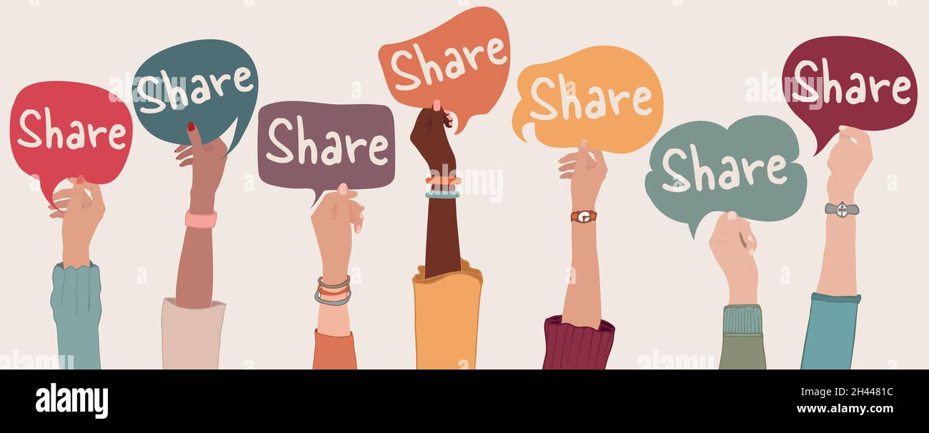 Arms and hands up of multicultural group people holding speech bubble with text -Share- Concept of sharing and community Stock Vector