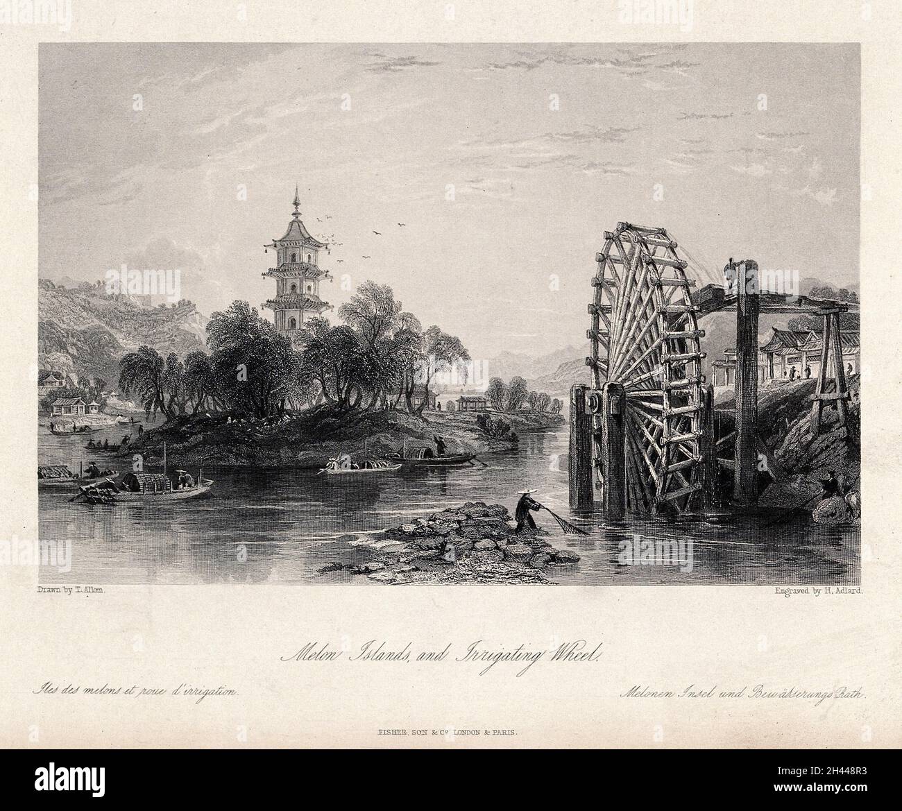 Waterwheel, Melon Islands. Engraving by H. Adlard after T. Allom Stock