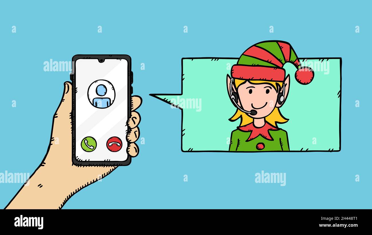 Hand draw vector doodle of hand, holding mobile phone with Elf girl from christmas customer service on call. Colorful illustration in sketch style. Stock Vector