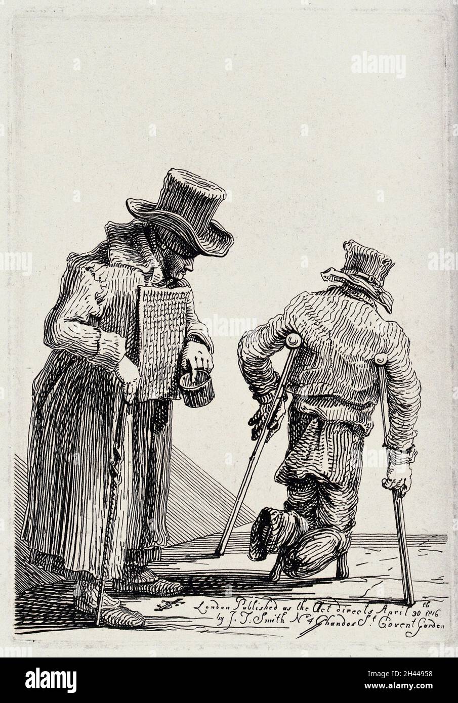 A beggar wearing a placard around his neck checks the contents of his collecting tin while a beggar with two amputated feet moves past with the aid of two crutches and stumps. Etching by J.T. Smith, 1816. Stock Photo
