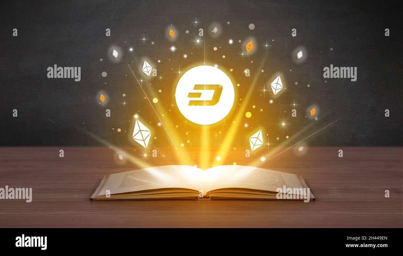Open book with currency icons above Stock Photo - Alamy