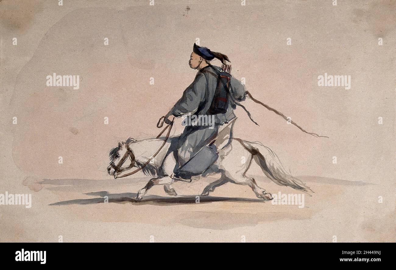 A Chinese soldier bearing weapons on his back, on horseback. Watercolour by C. Wirgman, ca. 1857. Stock Photo