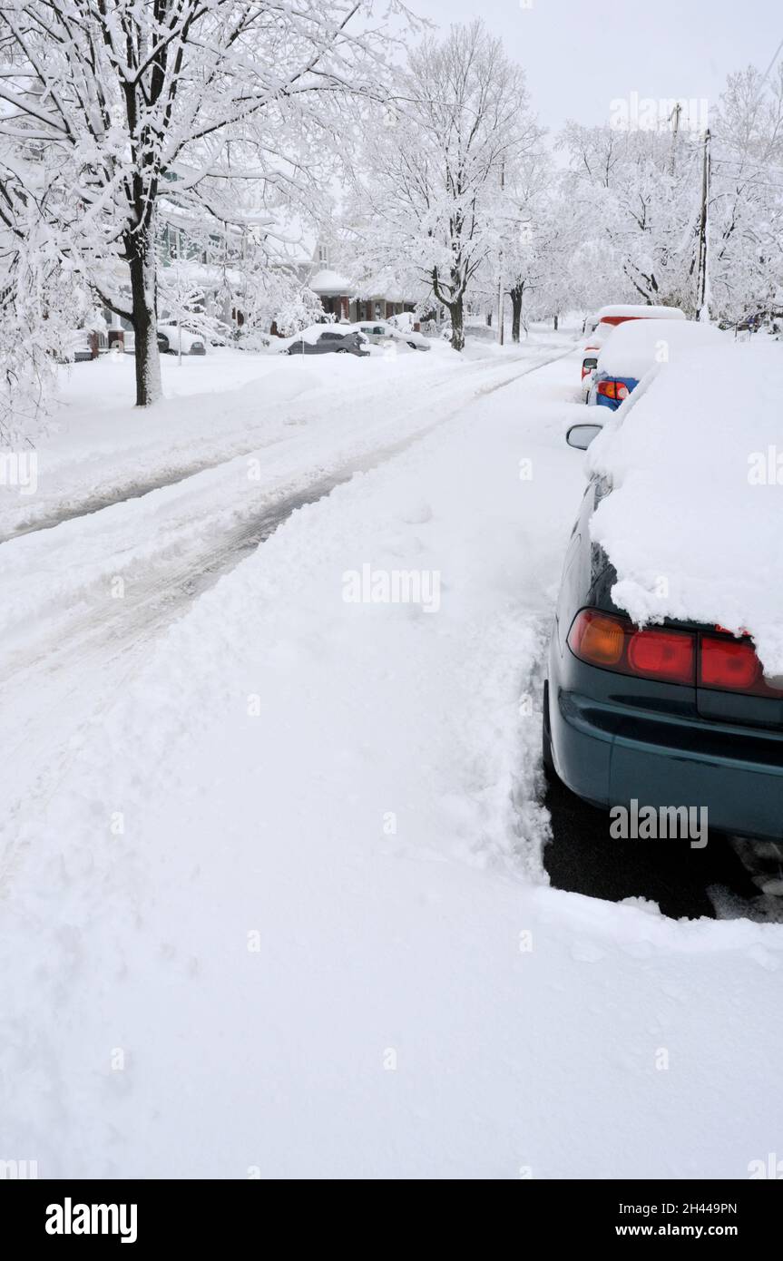 The aftermath of a snowstorm on a residential street. Stock Photo