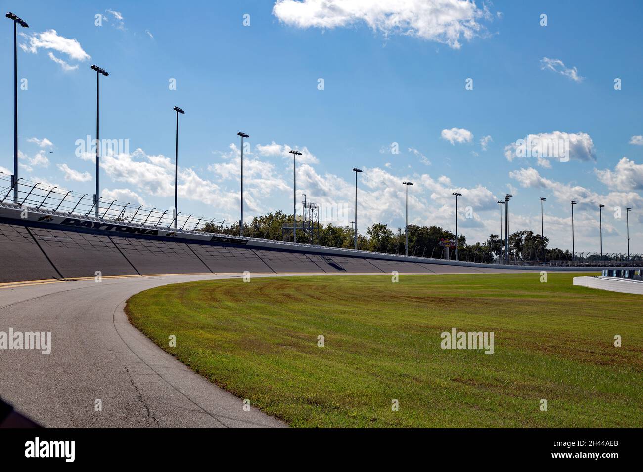 The banked turns at the Daytona International Speedway are steeper than they look -- they rise 31 degrees. Stock Photo