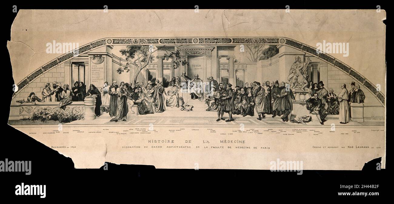 School of Medicine, Paris: a mural in the amphitheatre showing fifty-six prominent medical men in a neo-classical setting. Lithograph by N. Legrand, 1908, after U. Bourgeois, 1895. Stock Photo