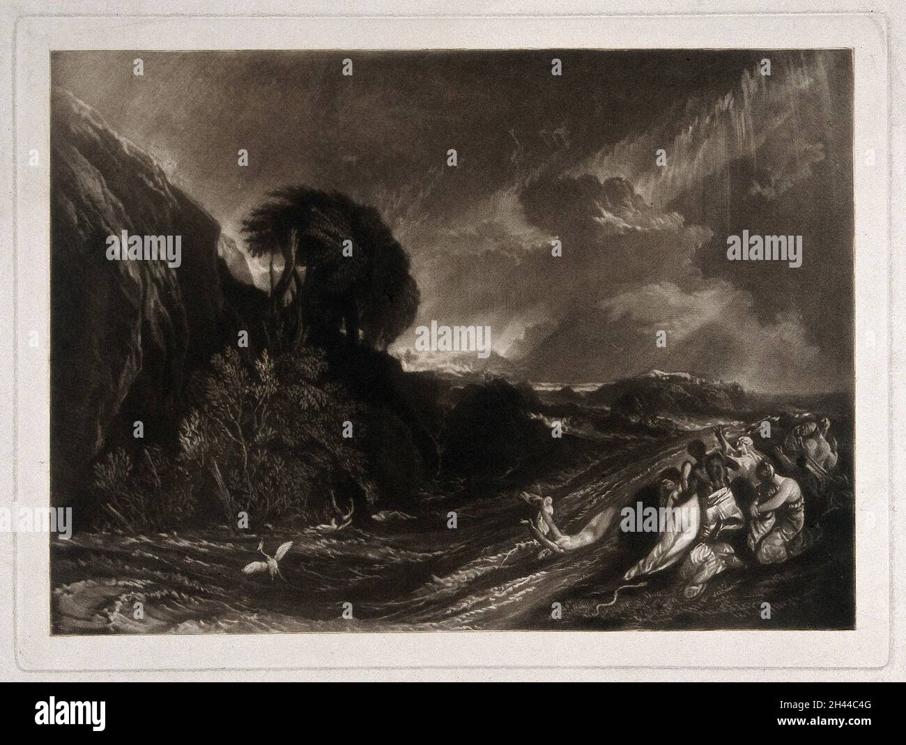 A woman is swept away by the tempestuous deluge; a small company of people on a hill try to save themselves; a serpent slithers beside them. Mezzotint after J. Martin. Stock Photo