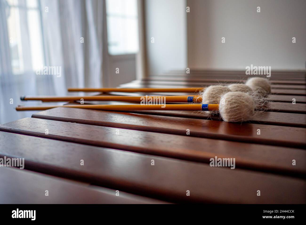 PARIS, FRANCE Sep 30, 2021 Four sticks on marimba waiting for the
