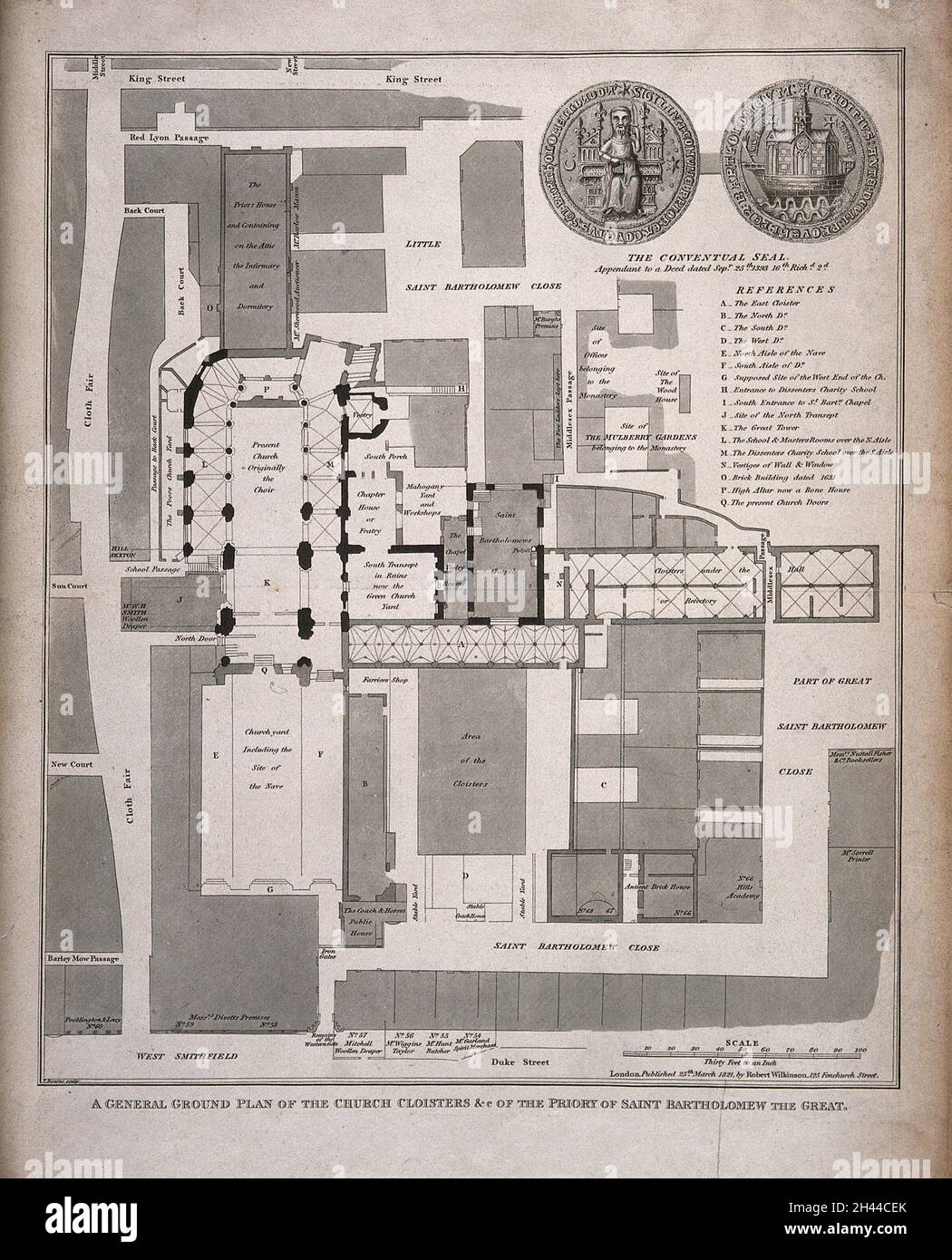 St Bartholomew's Priory, London the ground plan, with a key, scale