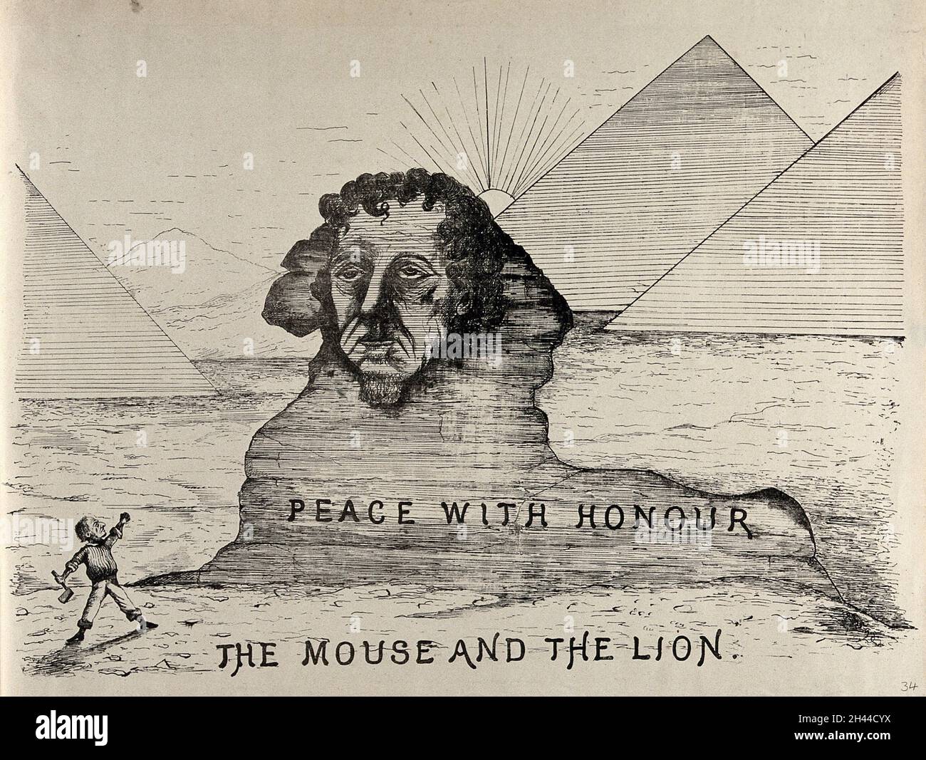 William Gladstone about to hit with a hammer the statue of Disraeli as