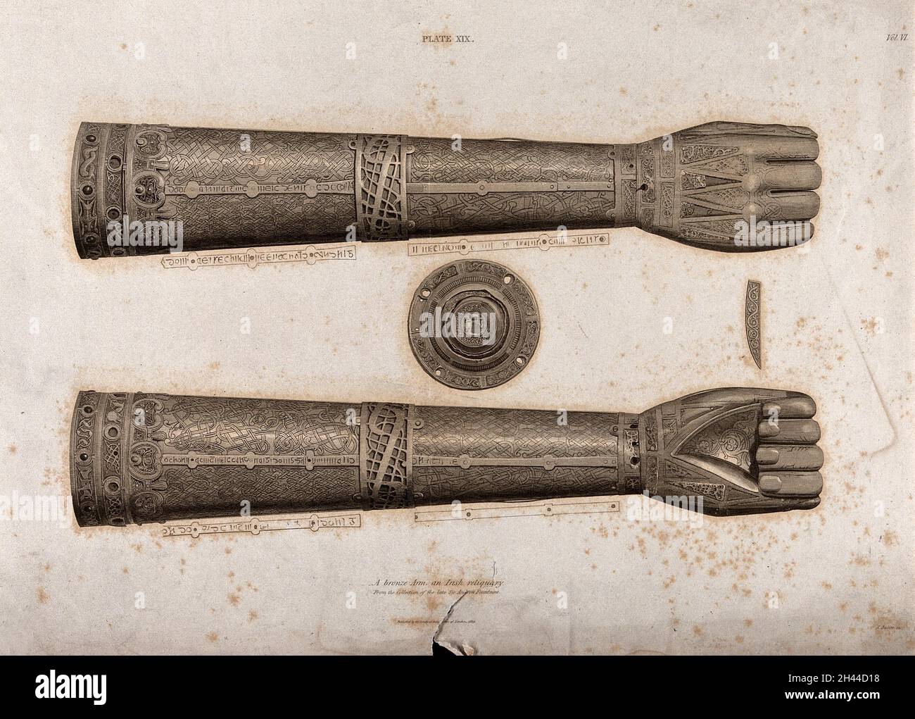 An Irish bronze reliquary in the form of a human arm, made to house an arm of Saint Lachtin. Etching by James Basire. Stock Photo