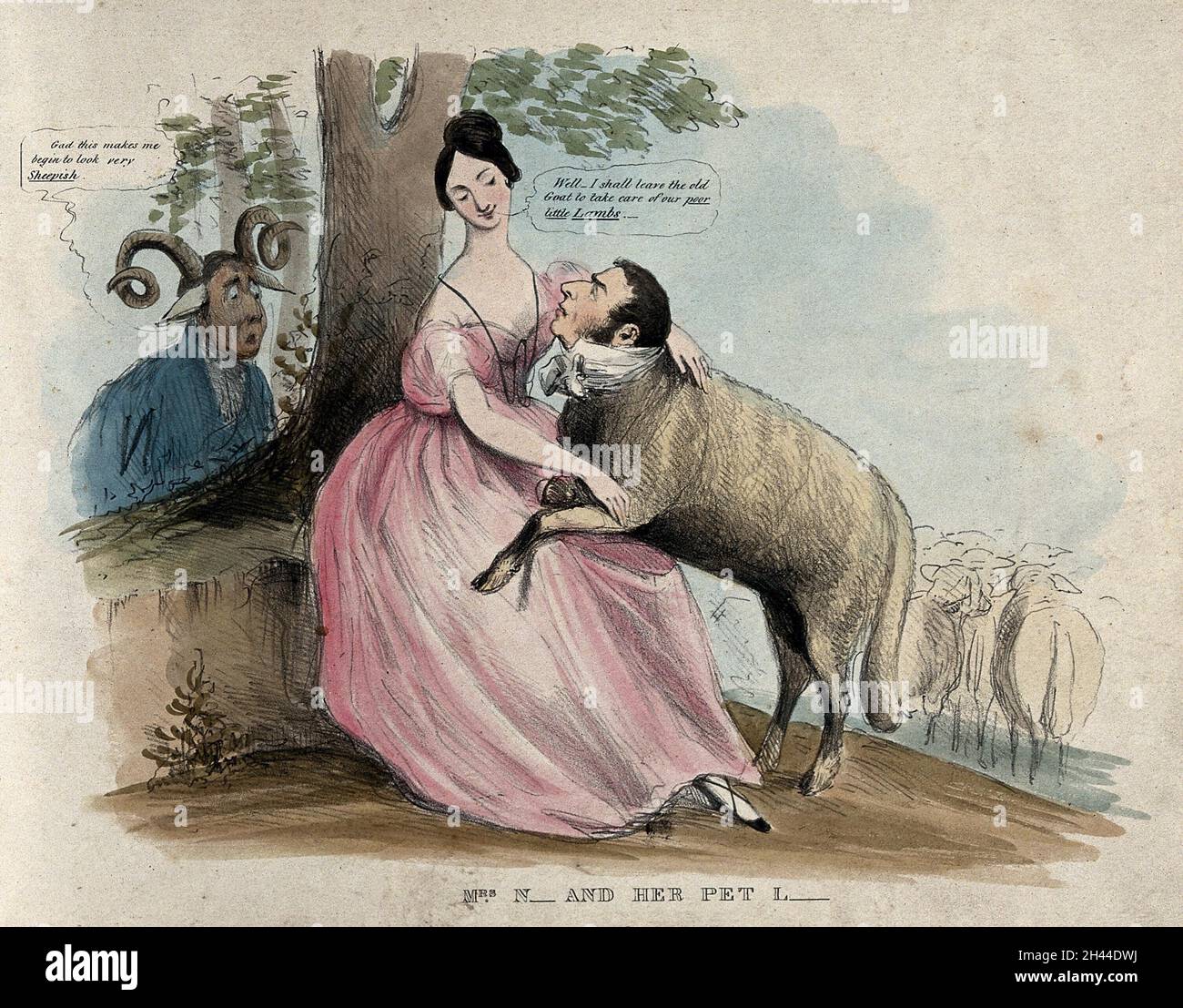 A woman holds a lamb in her lap while a ram looks on; representing