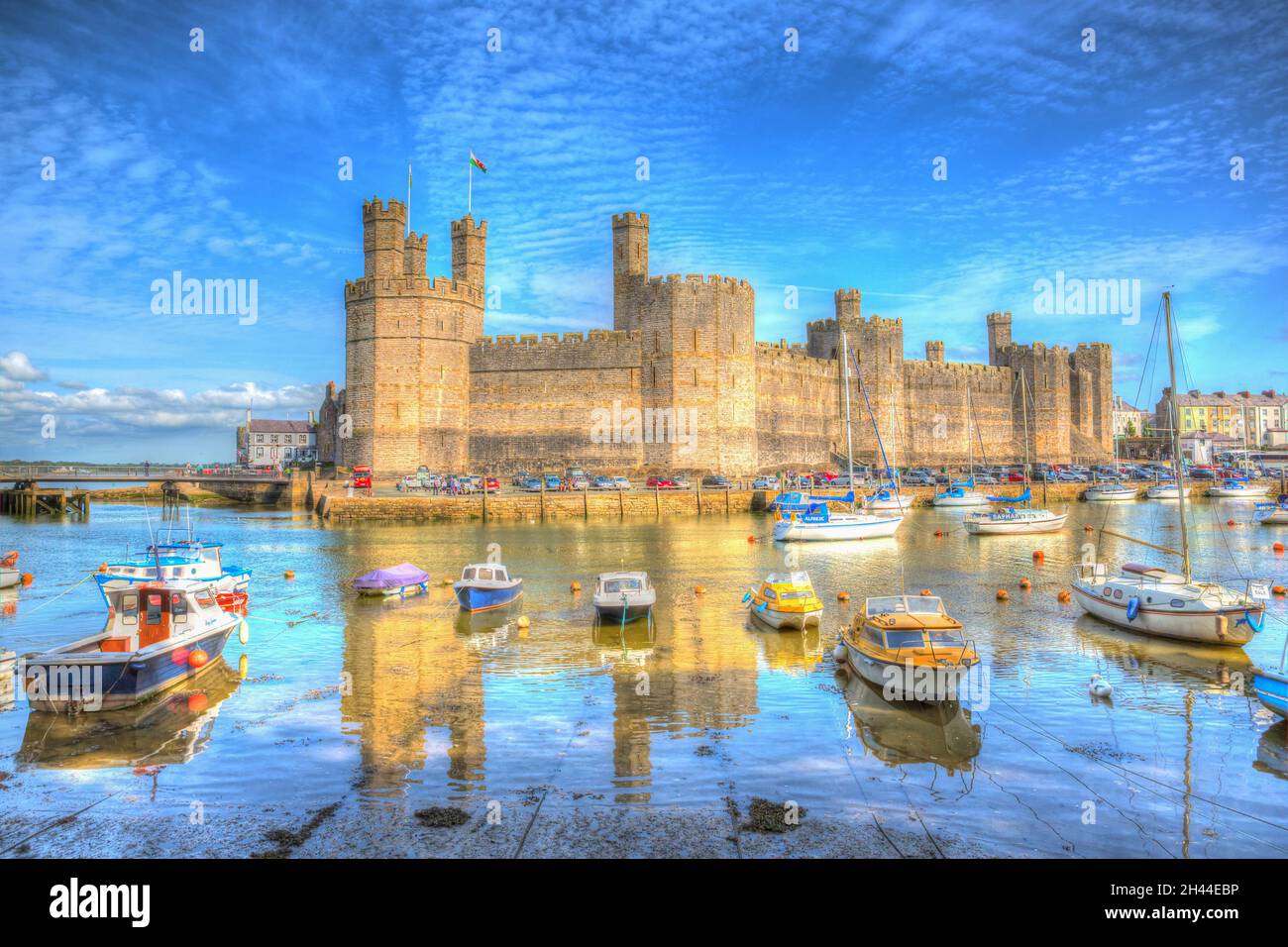 Caernarfon North Wales UK with boats historic Welsh fort Stock Photo