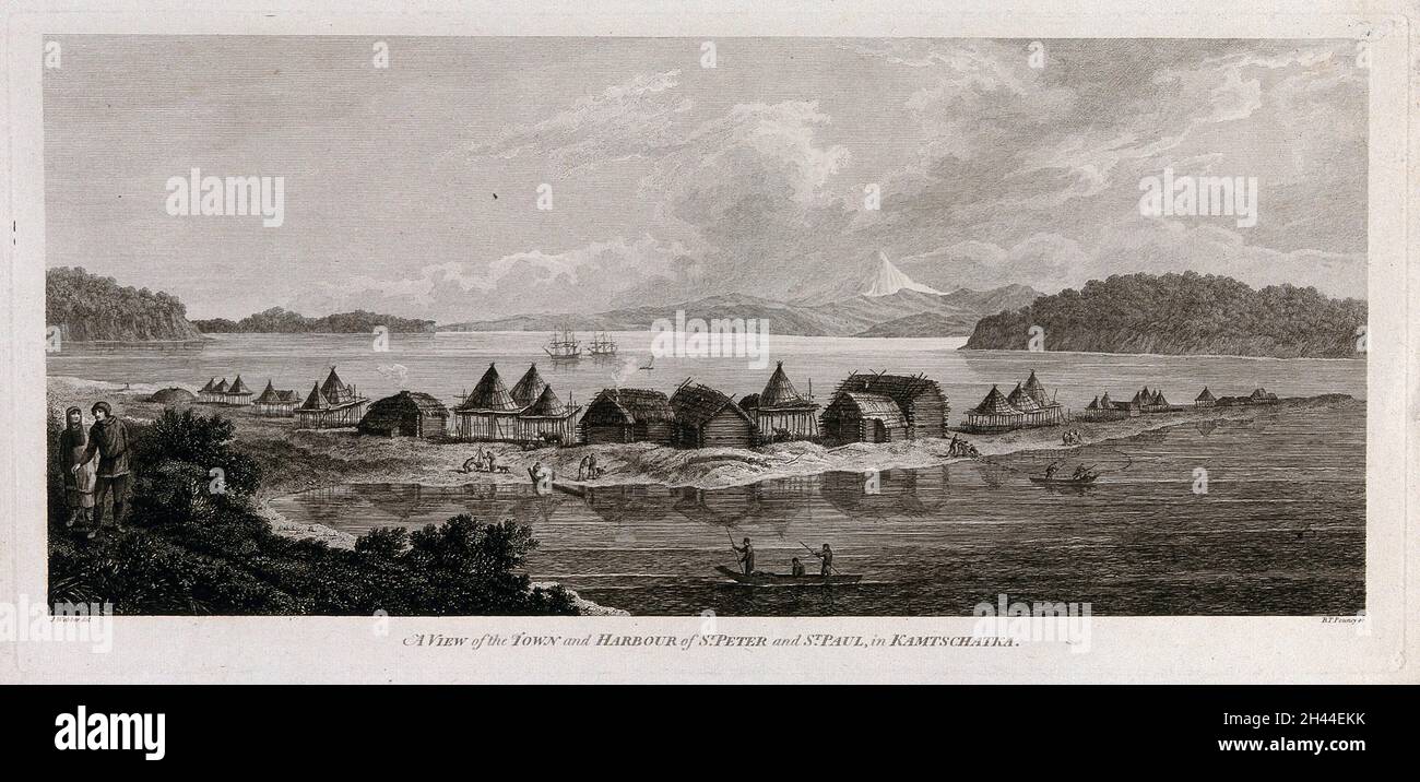 The town of St. Paul and St. Peter in Kamtschatka (Russia); encountered by Captain Cook on his third voyage (1777-1780) Engraving by B.T. Pouncy after J. Webber, 1780/1785. Stock Photo