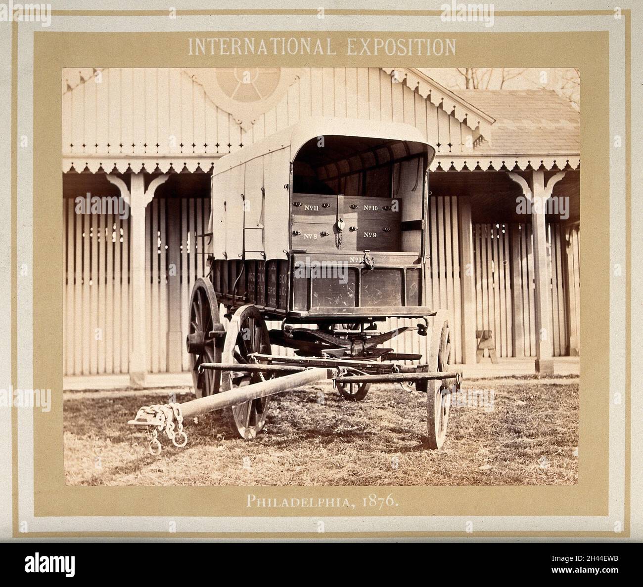 Philadelphia International Exposition, 1876: American Civil War medicine wagon produced by T. Morris Perot and Company. Photograph, 1876. Stock Photo
