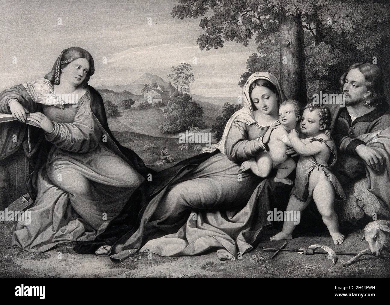 Saint Mary (the Blessed Virgin) with the Christ Child, Saint Catherine of Alexandria, Saint John the Baptist and Saint Joseph. Lithograph by G. Markendorf after F.S. Hanfstaengl after J. Palma, il Vecchio. Stock Photo