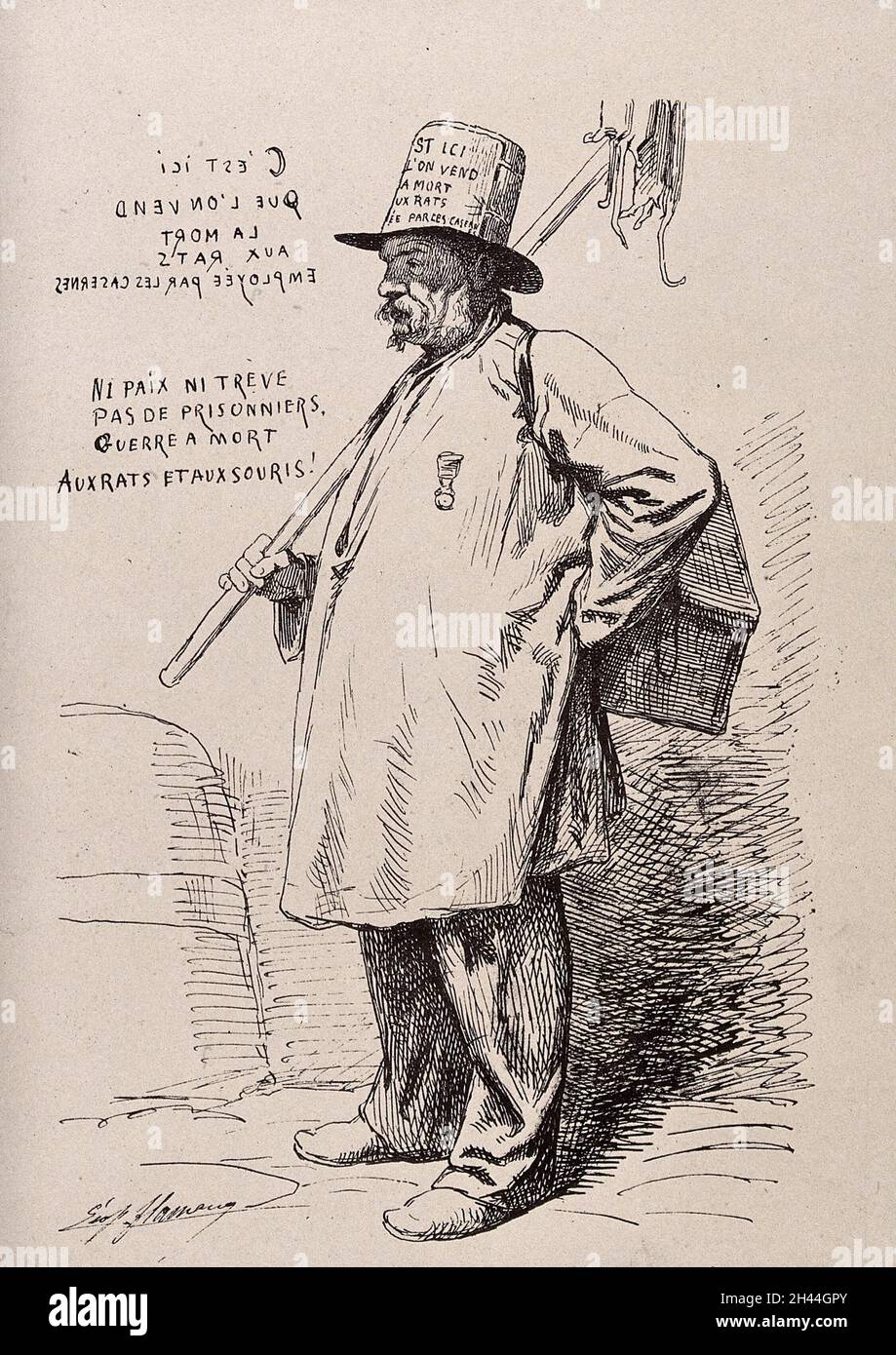 A rat-catcher, carrying a box over his shoulder, is accompanied by