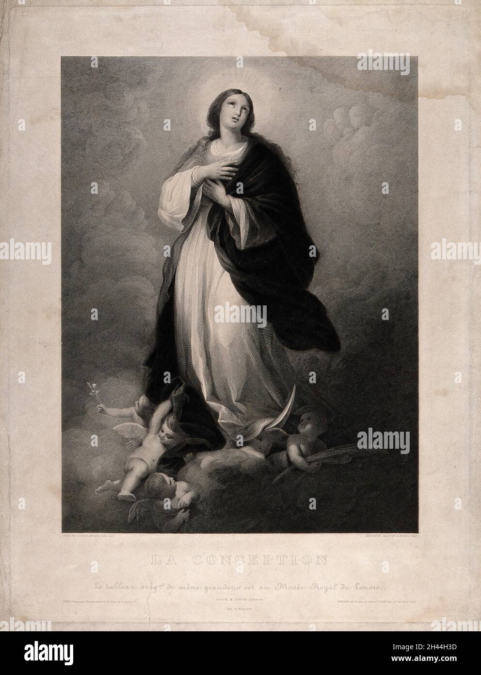 The Virgin Mary, immaculately conceived, descends from heaven, a sickle moon beneath her feet. Engraving by F-E-A. Bridoux, 1845, after B.E. Murillo, ca. 1650. Stock Photo