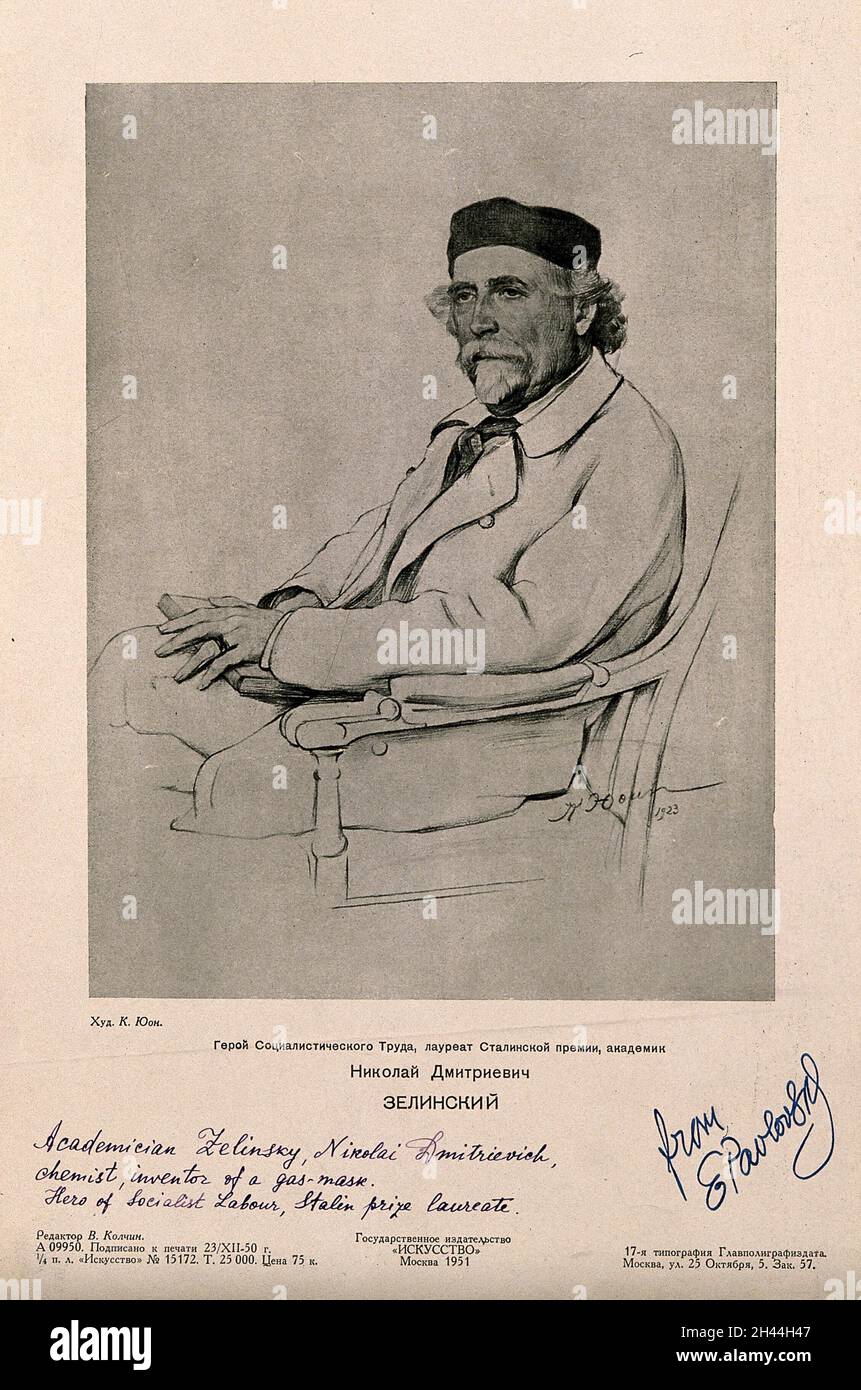 Nikolai Dmitrievich Zelinsky. Reproduction, 1951, of drawing by K. Iuon ...