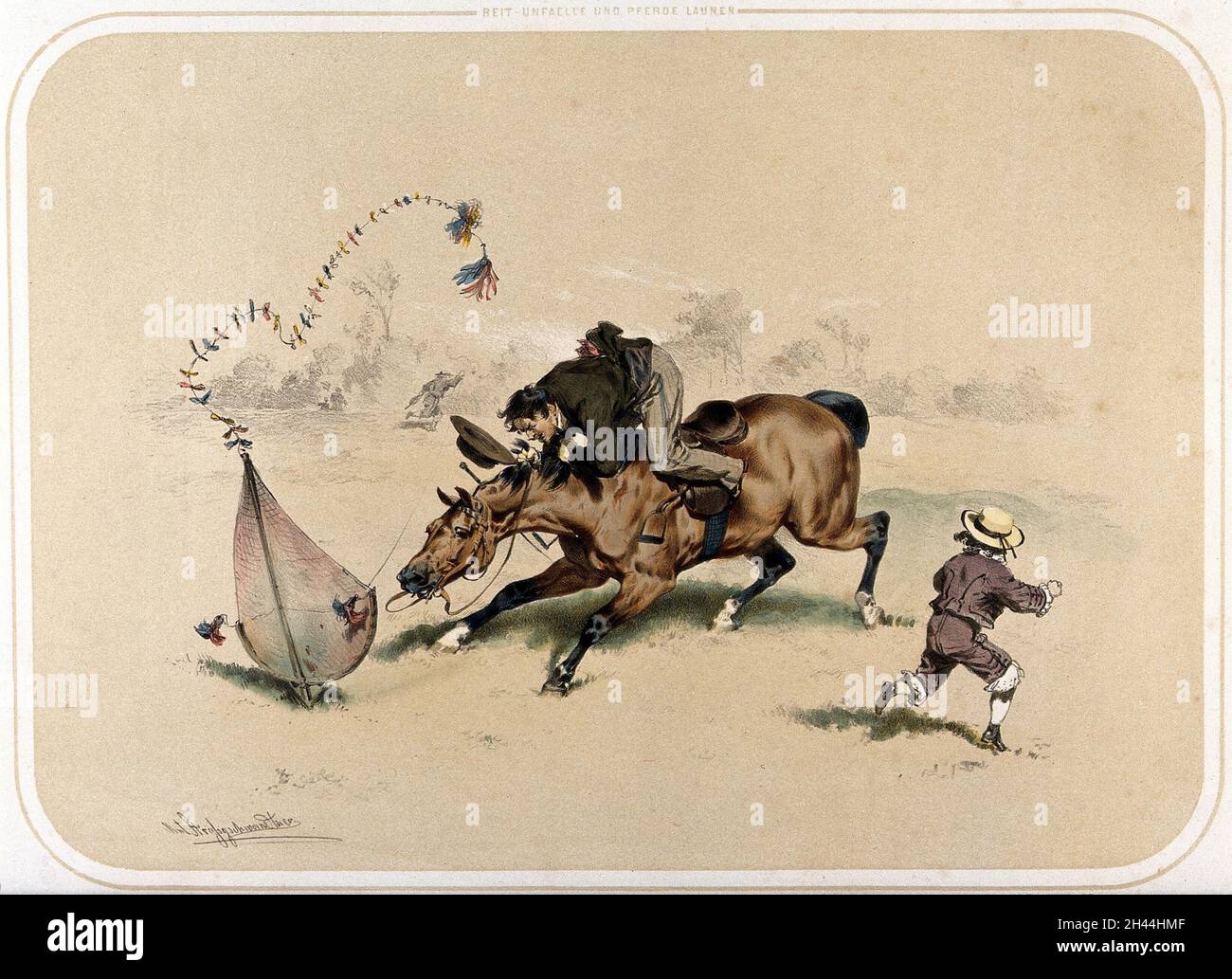 A horse baulks at a toy kite which has suddenly plummeted to the ground in its path, almost unseating its rider. Coloured lithograph by A. Strassgschwandtner after himself, ca. 1860. Stock Photo