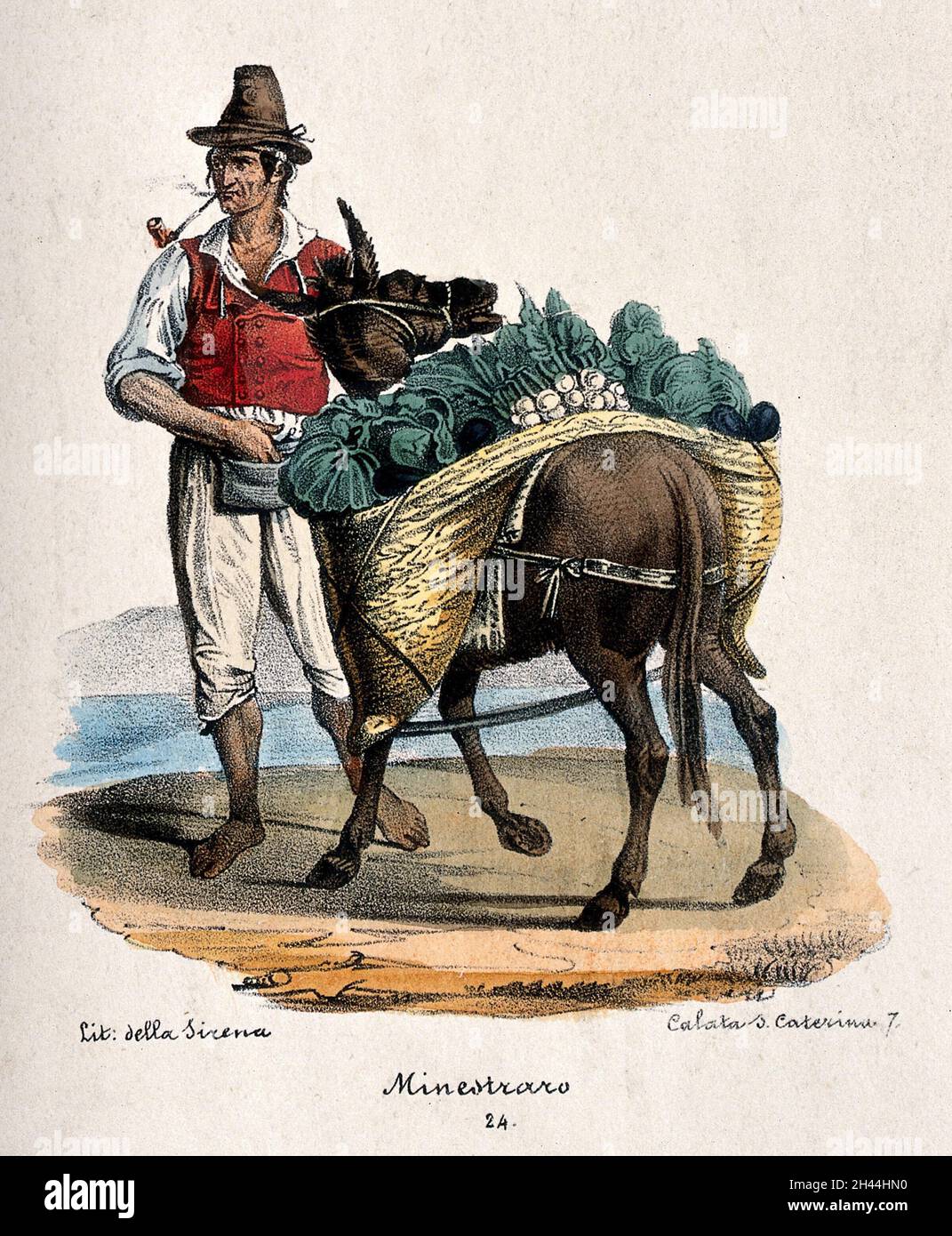 A vegetable farmer has the panniers on his donkey loaded with
