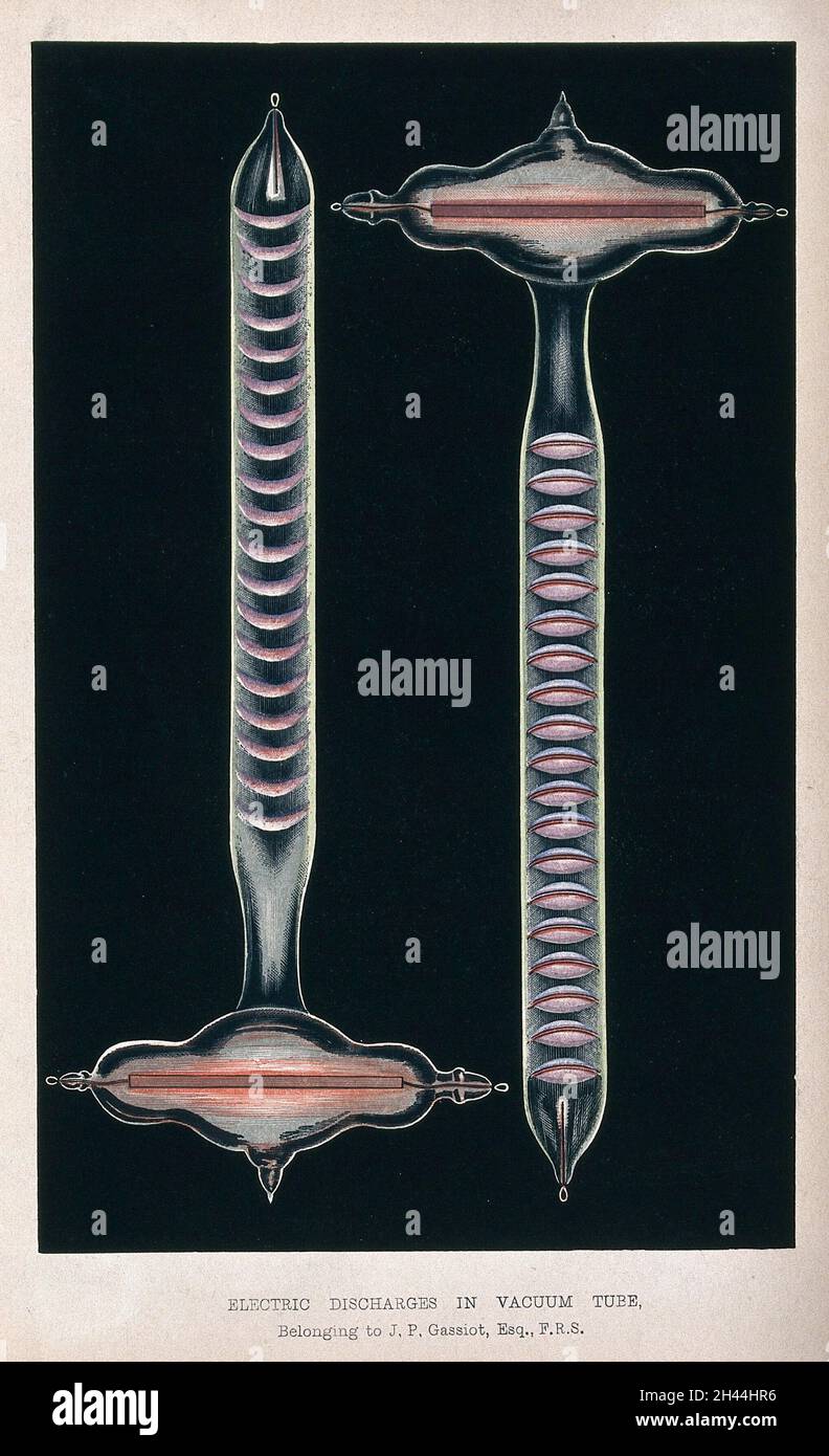Electric discharges in vacuum tube, belonging to J.P. Gassiot. Coloured lithograph etching, ca. 1860. Stock Photo