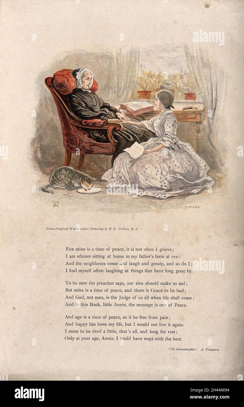 A young woman sits on the floor at the feet of her grandmother who has been reading from the Bible on the table nearby. Colour woodcut by Edmund Evans after J.E. Millais. Stock Photo