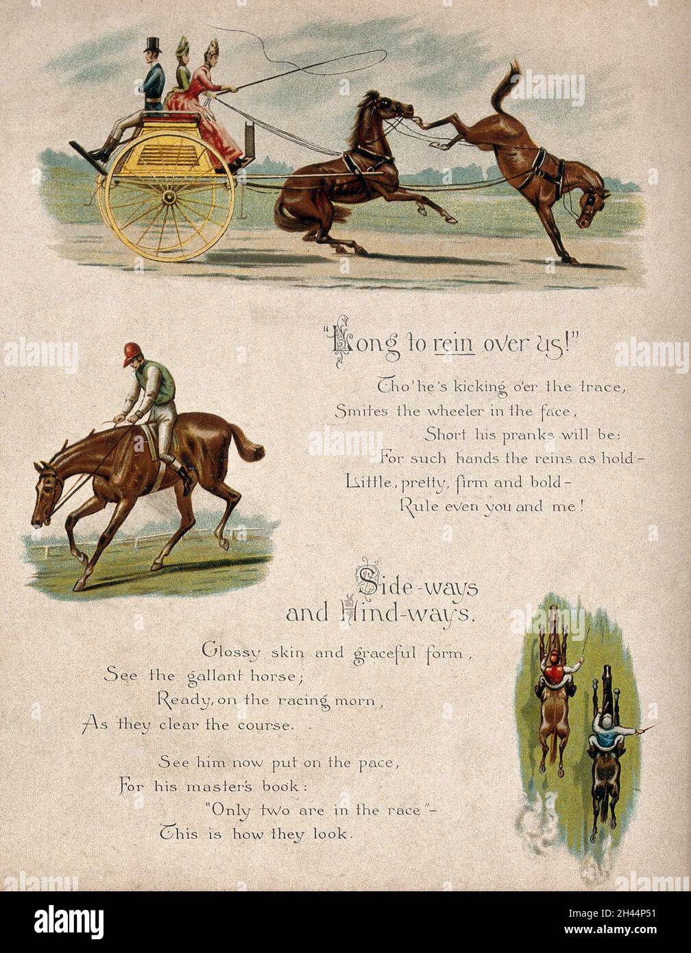 Above, a carriage horse baulks and kicks the horse behind; centre, a baulking race horse; below, two race horses with jockeys. Chromolithograph. Stock Photo