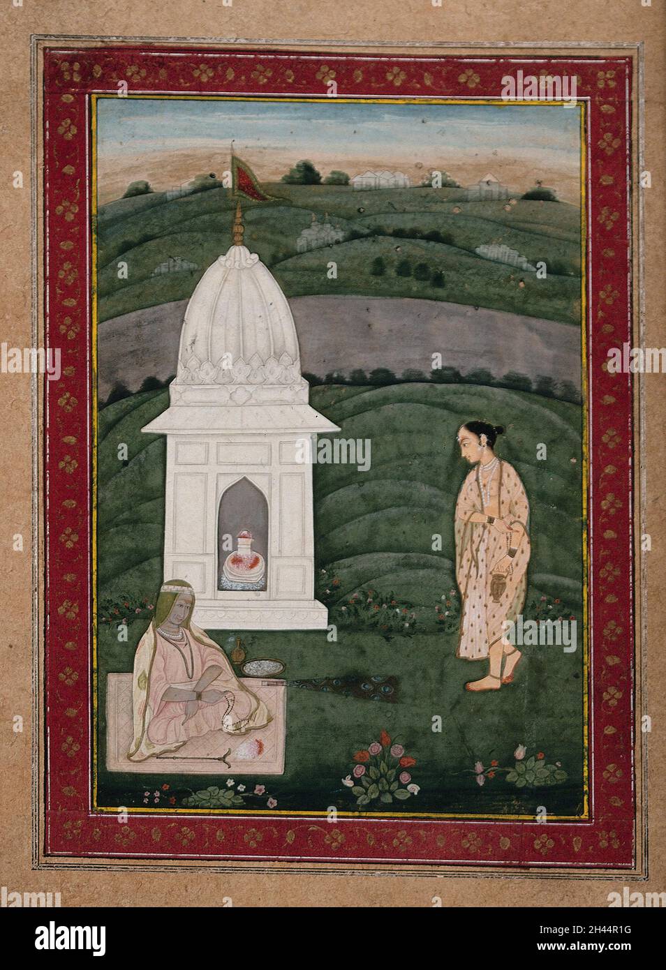 Two women at a shrine of the Shiva linga. Gouache painting by an Indian painter. Stock Photo