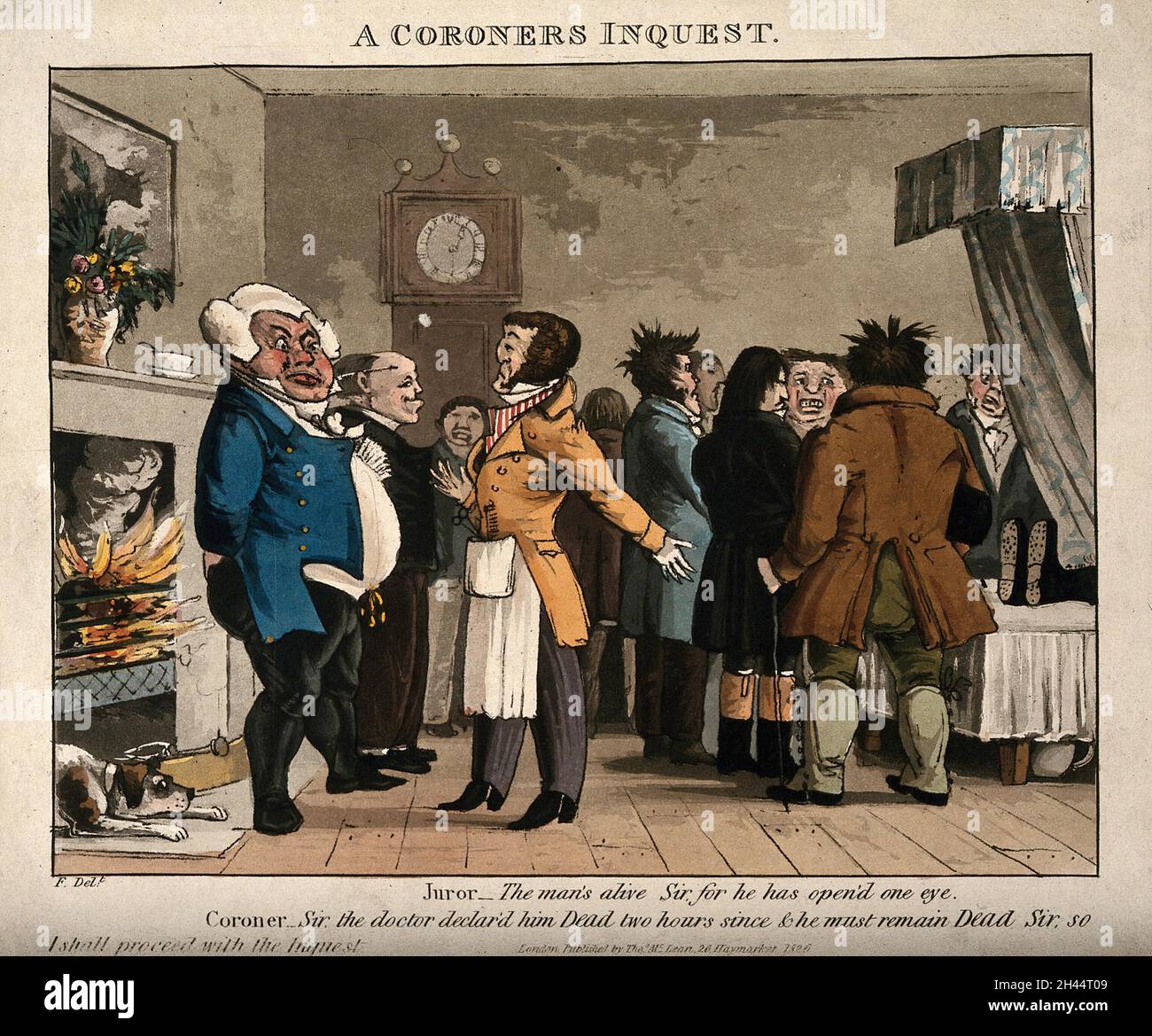 A juror protesting that the subject of a coroner's inquest is alive; showing the danger of blind faith in doctors. Coloured aquatint by F, 1826. Stock Photo