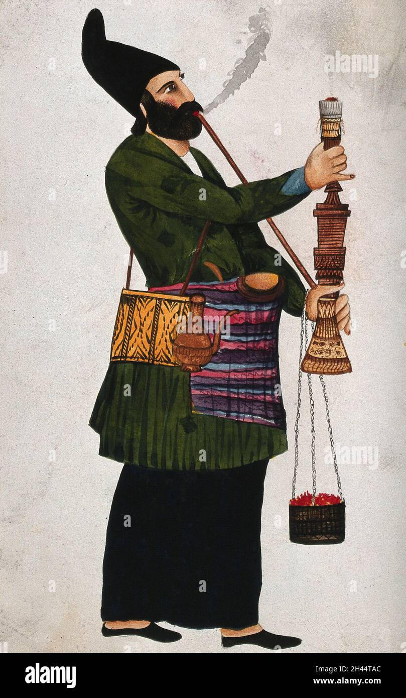 A Turkish man (?) smoking a hookah. Gouache painting by an Indian painter Stock Photo Alamy