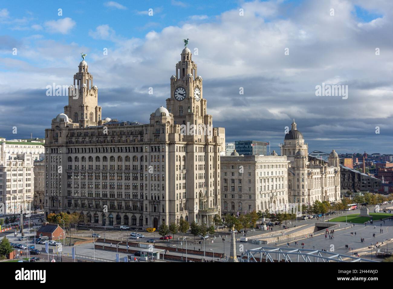 The Three Graces (Royal Liver Building, Cunard Building and Port of Liverpool Building), Pier Head, Liverpool, Merseyside, England, United Kingdom Stock Photo