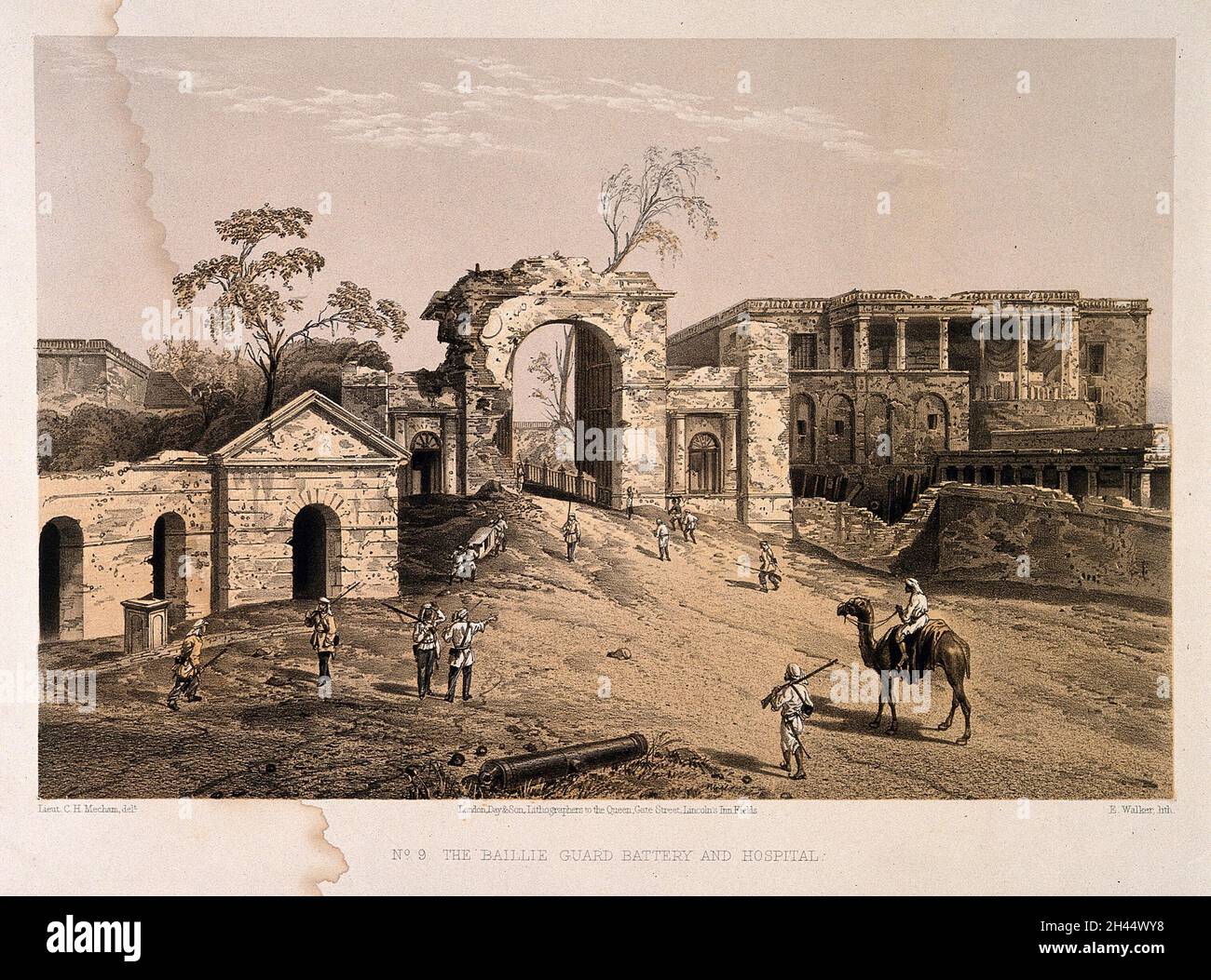 Baillie Battery and Hospital: with soldiers parading the grounds. Coloured lithograph by E. Walker after C.H. Mecham. Stock Photo