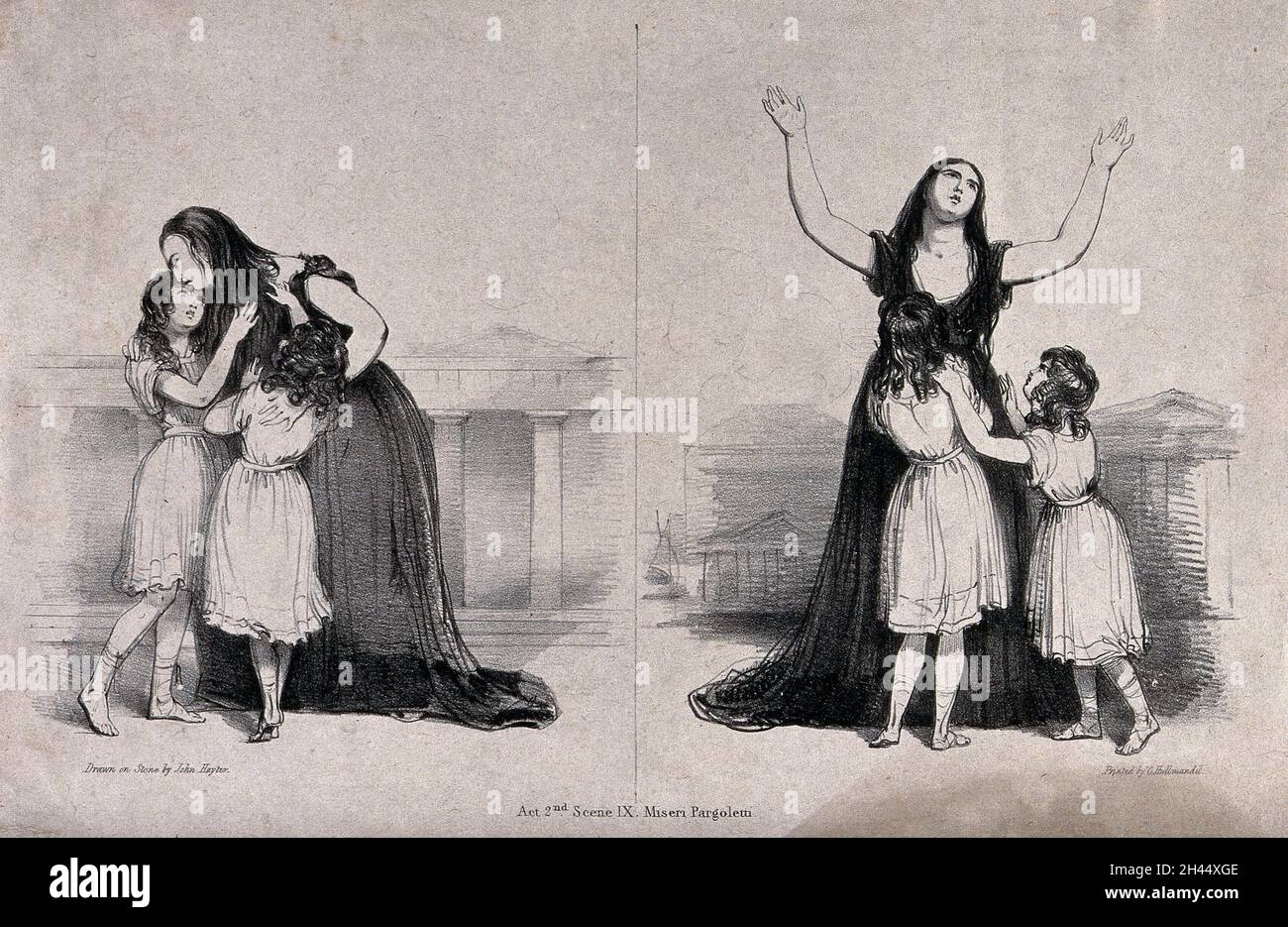 Giuditta Pasta in the role of Medea: she embraces her children (left) and then throws her arms up in anticipation of murdering them (right). Lithograph by John Hayter, 1827. Stock Photo