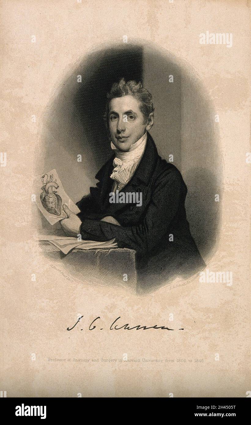 John Collins Warren. Line engraving by S. A. Schooff, 1890, after G. Stuart, 1807. Stock Photo
