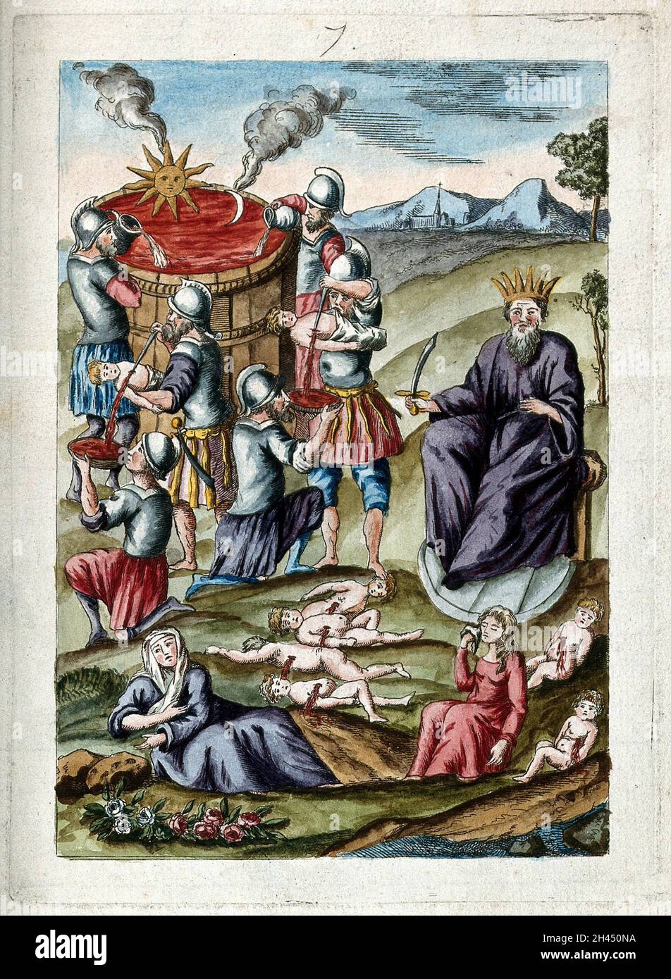 A king presiding over a massacre of infants; soldiers pour the blood of the infants into a boiling vat; probably representing the stage of 'putrefaction' in the alchemical process. Coloured etching after etching, ca. 17th century. Stock Photo