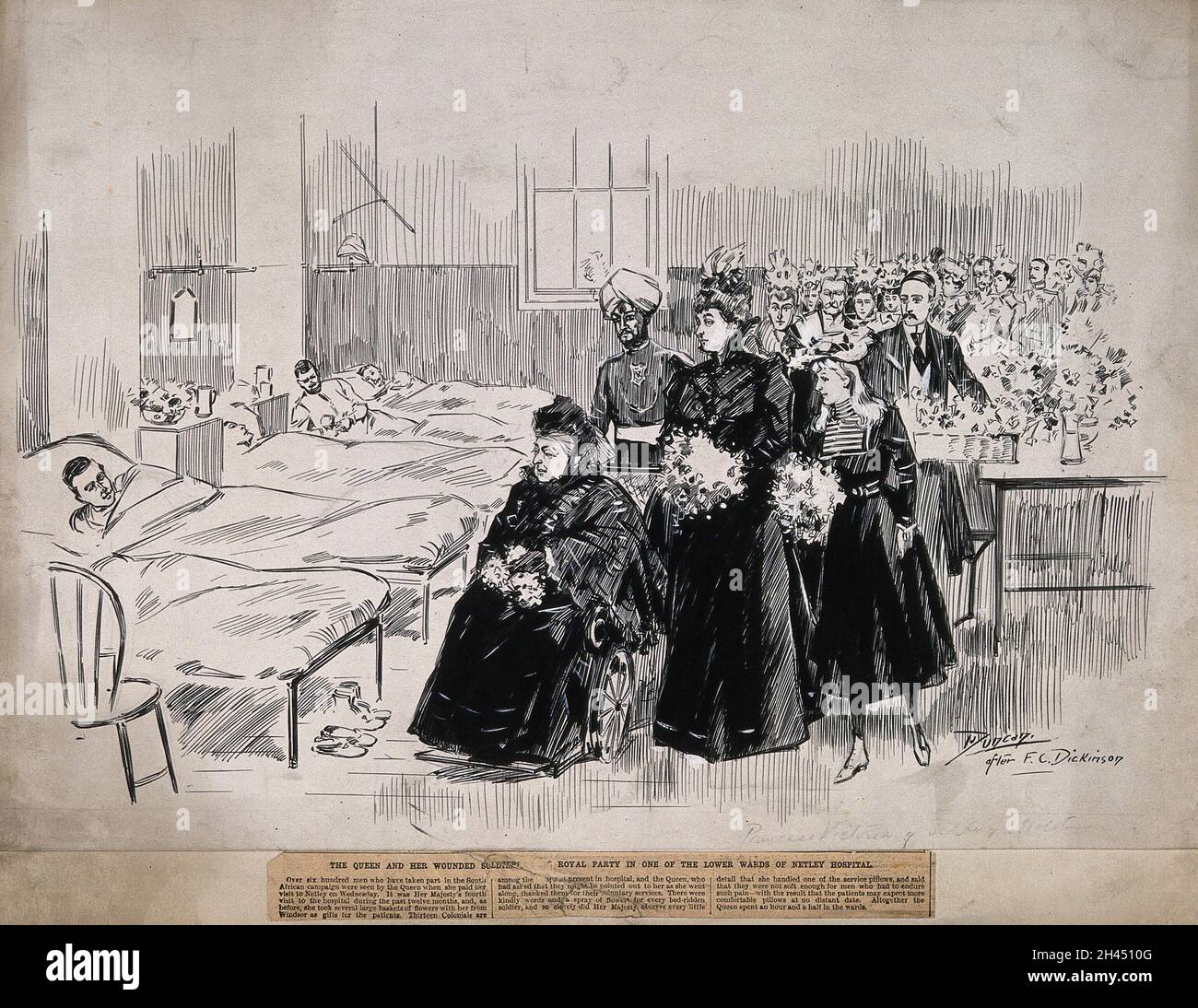 Her Majesty Queen Victoria and entourage visiting soldiers wounded during the Boer War, in a ward at Netley Hospital. Pen and ink drawing by J. Duncan, c. 1900, after F. C. Dickinson. Stock Photo