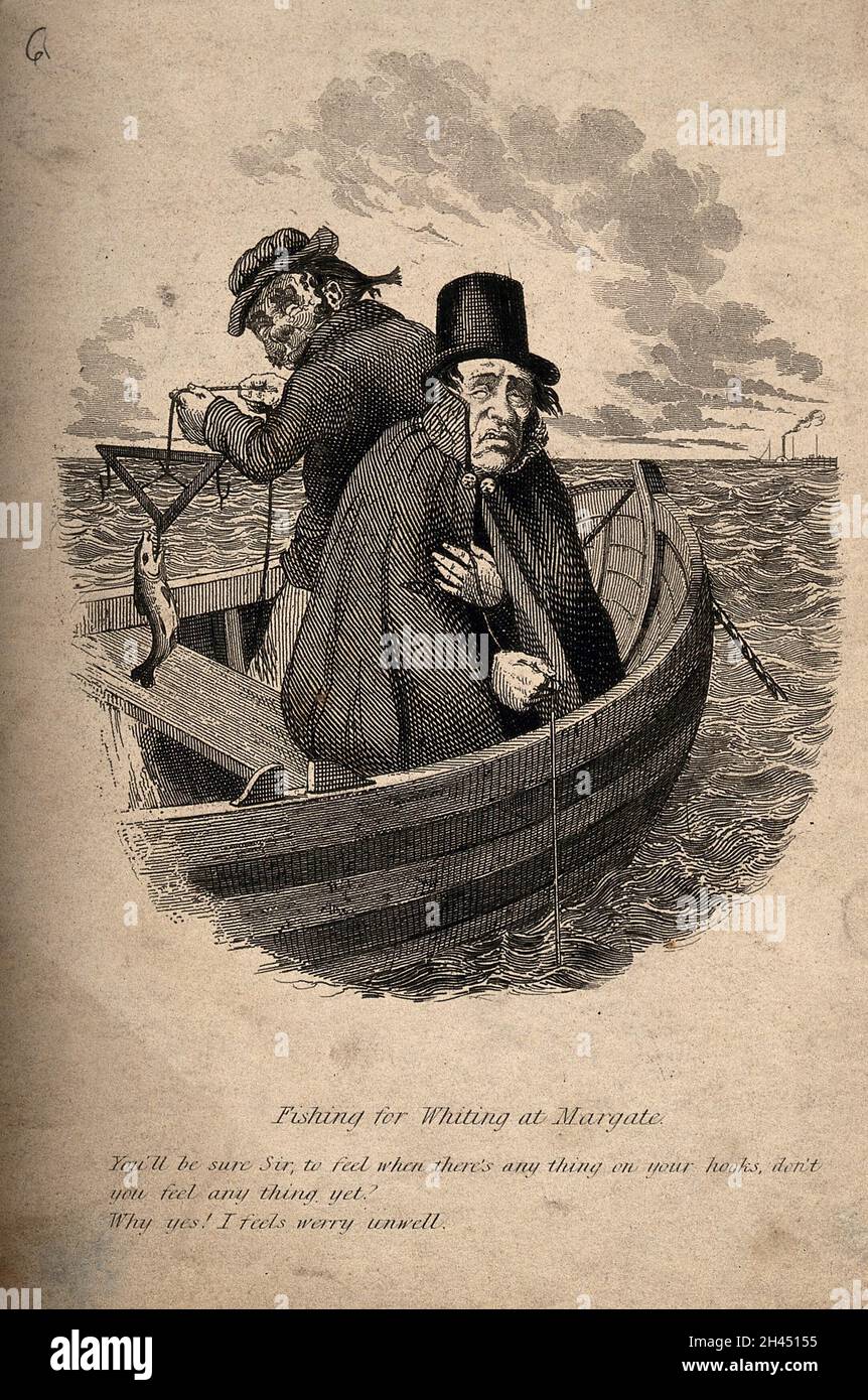 Two men at sea in a fishing boat: one leans over the side, feeling ...