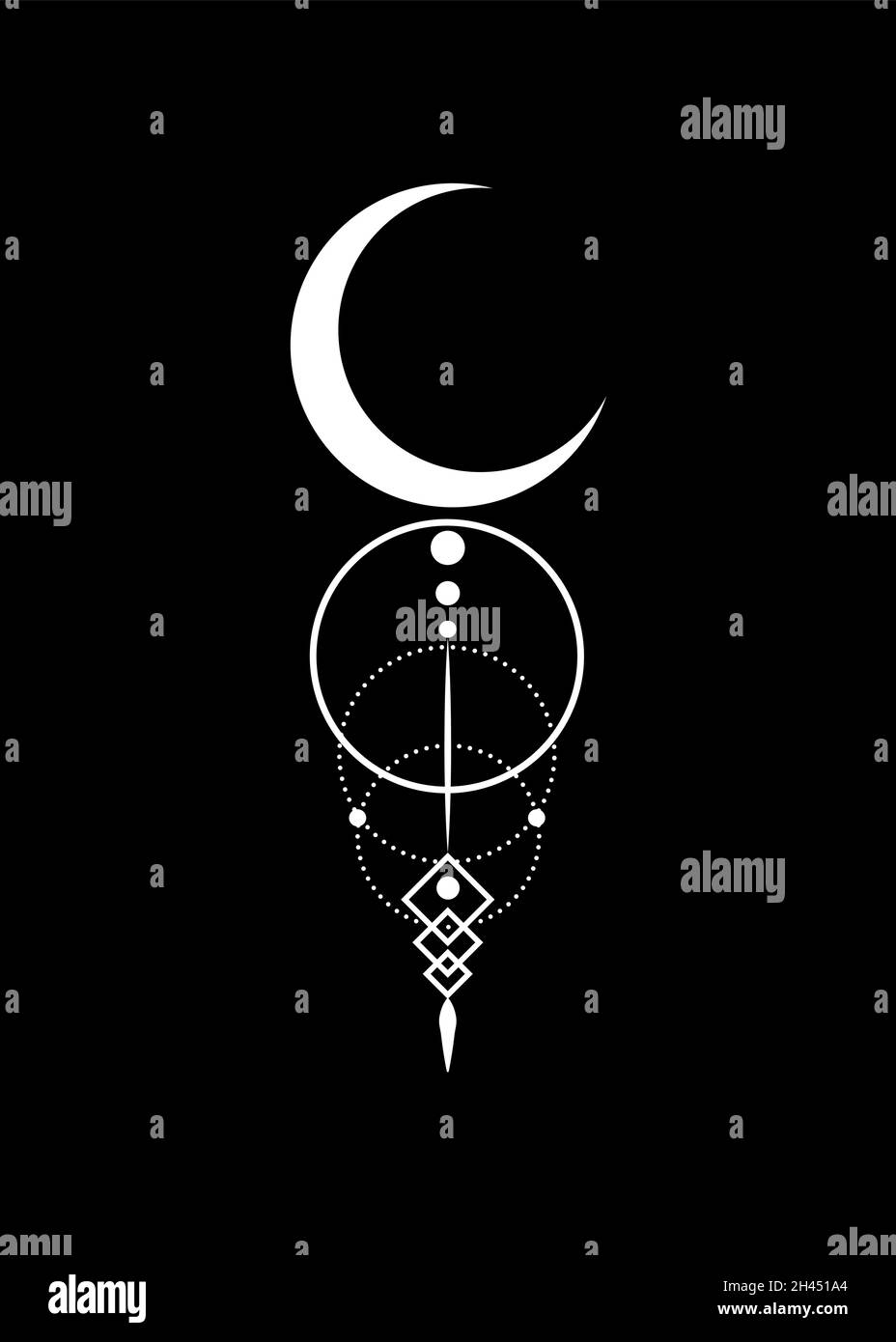 Mystical white Moon logo, half moon, Sacred geometry. Crescent moon pagan Wiccan goddess symbol, silhouette wicca banner sign, feminine energy circle Stock Vector