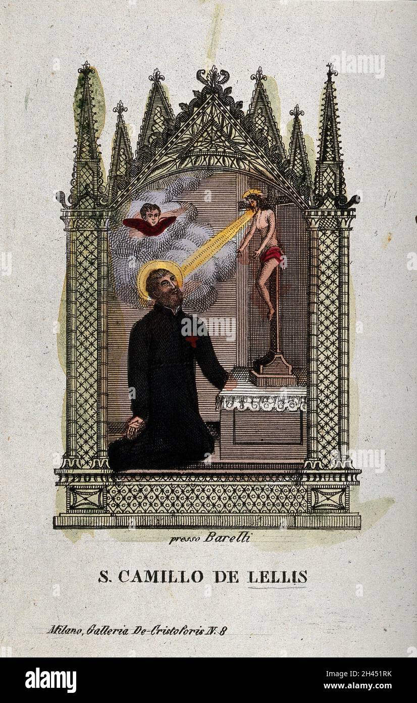 Saint Camillus de Lellis. Coloured engraving Stock Photo Alamy