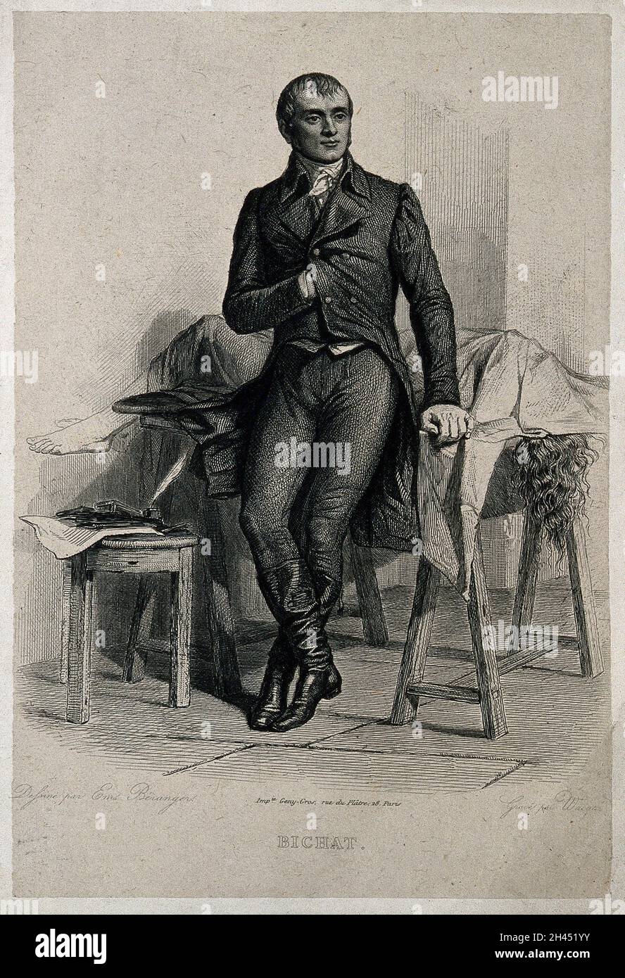 Marie François Xavier Bichat. Line engraving by Wacqua after E. Béranger. Stock Photo