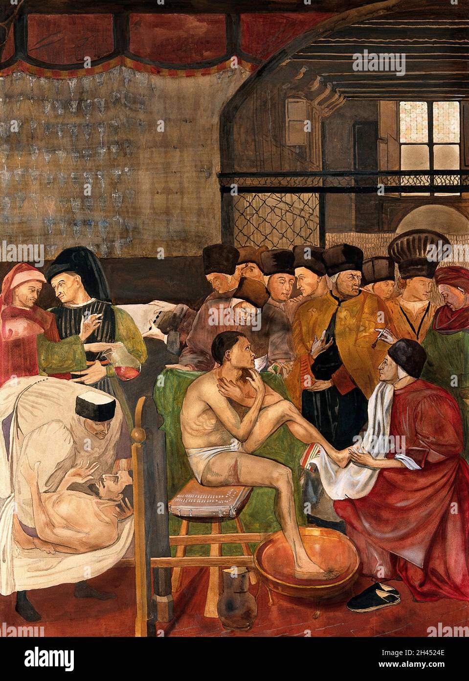 Hospital of Santa Maria della Scala, Siena: physicians and surgeons treating the sick. Watercolour, 19--, after Domenico di Bartolo, 1441-1442. Stock Photo